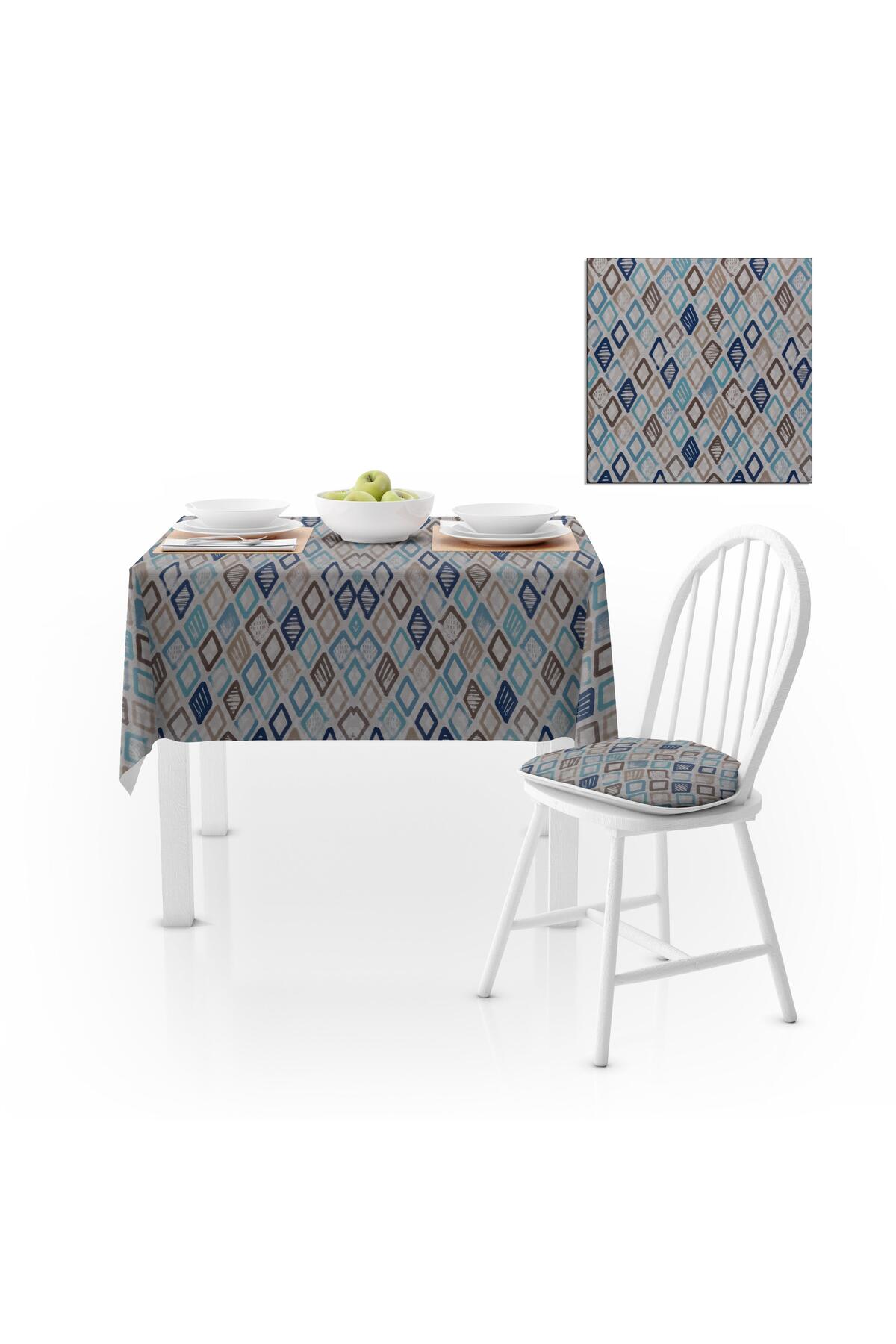 Baklava Desenli Lacivert Turkuaz Dijital Baskılı Petek Dokuma Masa Örtüsü 140x140