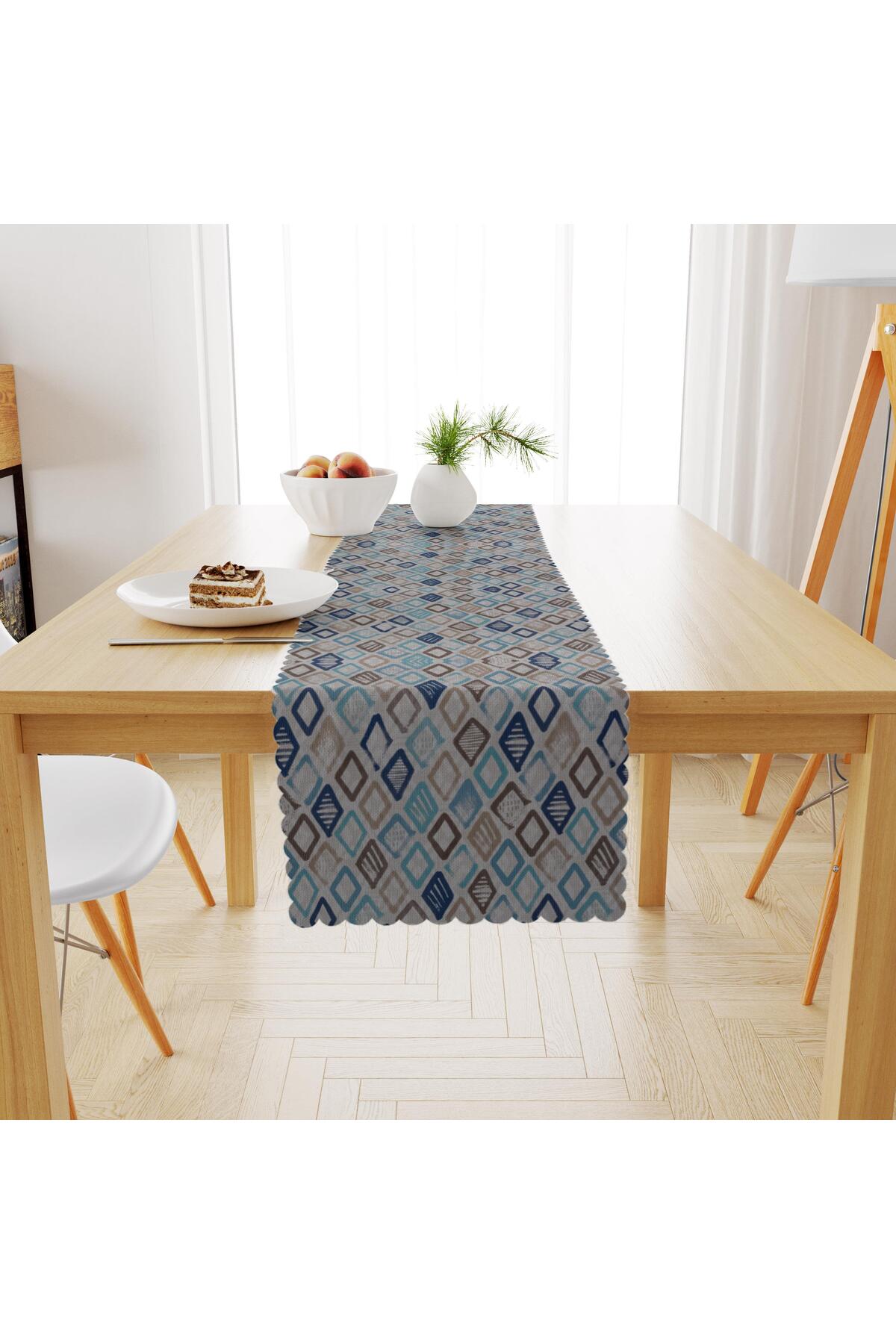 Baklava Desenli Lacivert Turkuaz Dijital Baskılı Petek Dokuma Runner 40x140