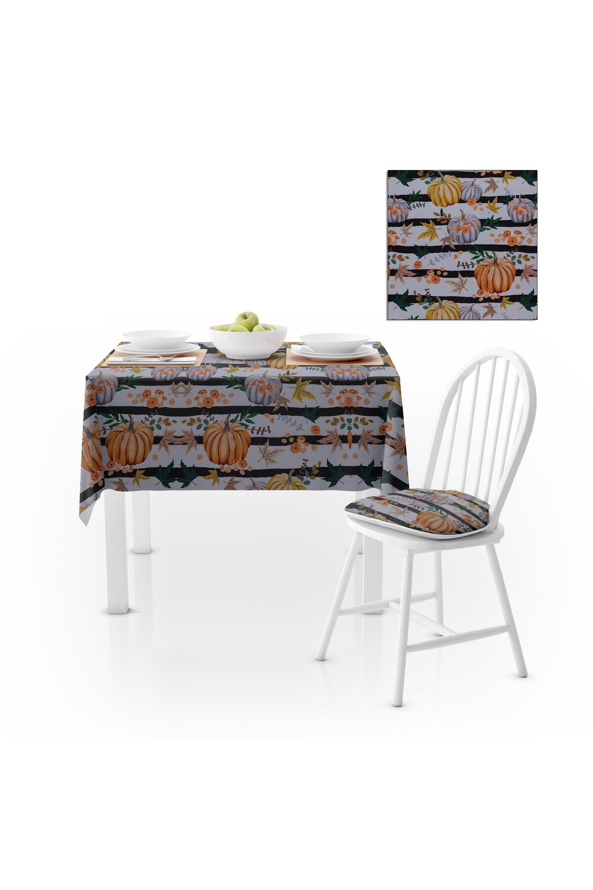 Bal Kabağı Desenli Siyah Çizgili Dijital Baskılı Petek Dokuma Masa Örtüsü 120x140