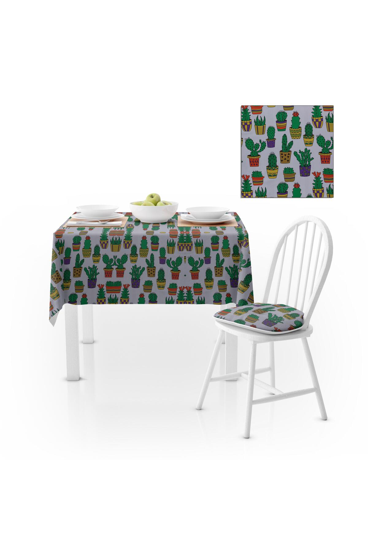 Büyük Çoklu Kaktüs Desenli Dijital Baskılı Petek Dokuma Masa Örtüsü 140x220