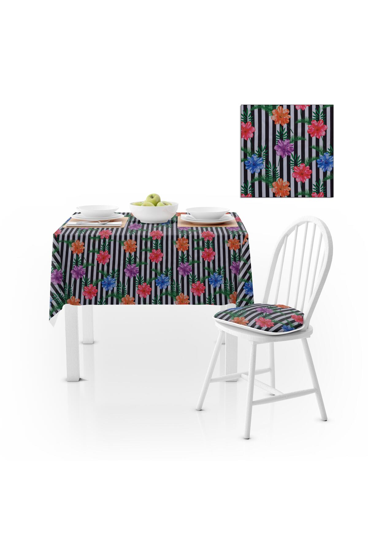 Çiçek Desenli Çizgili Mavi Kırmızı Mor Çiçekli Dijital Baskılı Petek Dokuma Masa Örtüsü 140x140