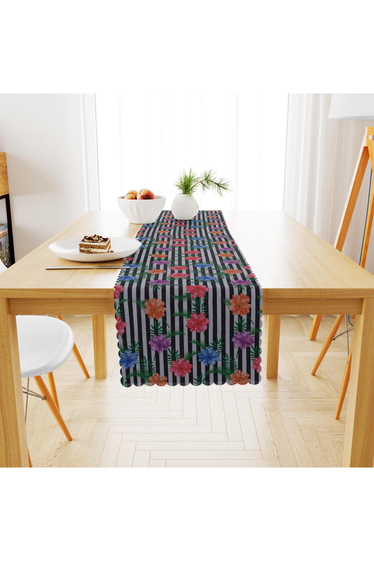 Çiçek Desenli Çizgili Mavi Kırmızı Mor Çiçekli Dijital Baskılı Petek Dokuma Runner 40x140