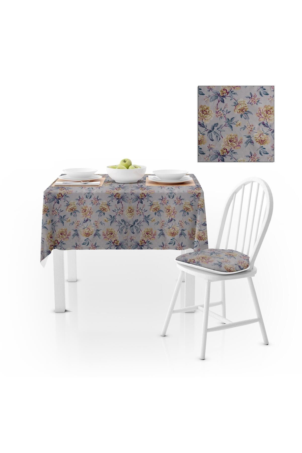 Çiçek Desenli Eskitme Hardal Mürdüm Dijital Baskılı Petek Dokuma Masa Örtüsü 120x140