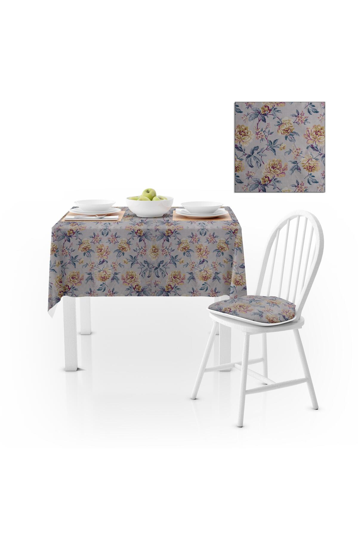 Çiçek Desenli Eskitme Hardal Mürdüm Dijital Baskılı Petek Dokuma Masa Örtüsü 140x180