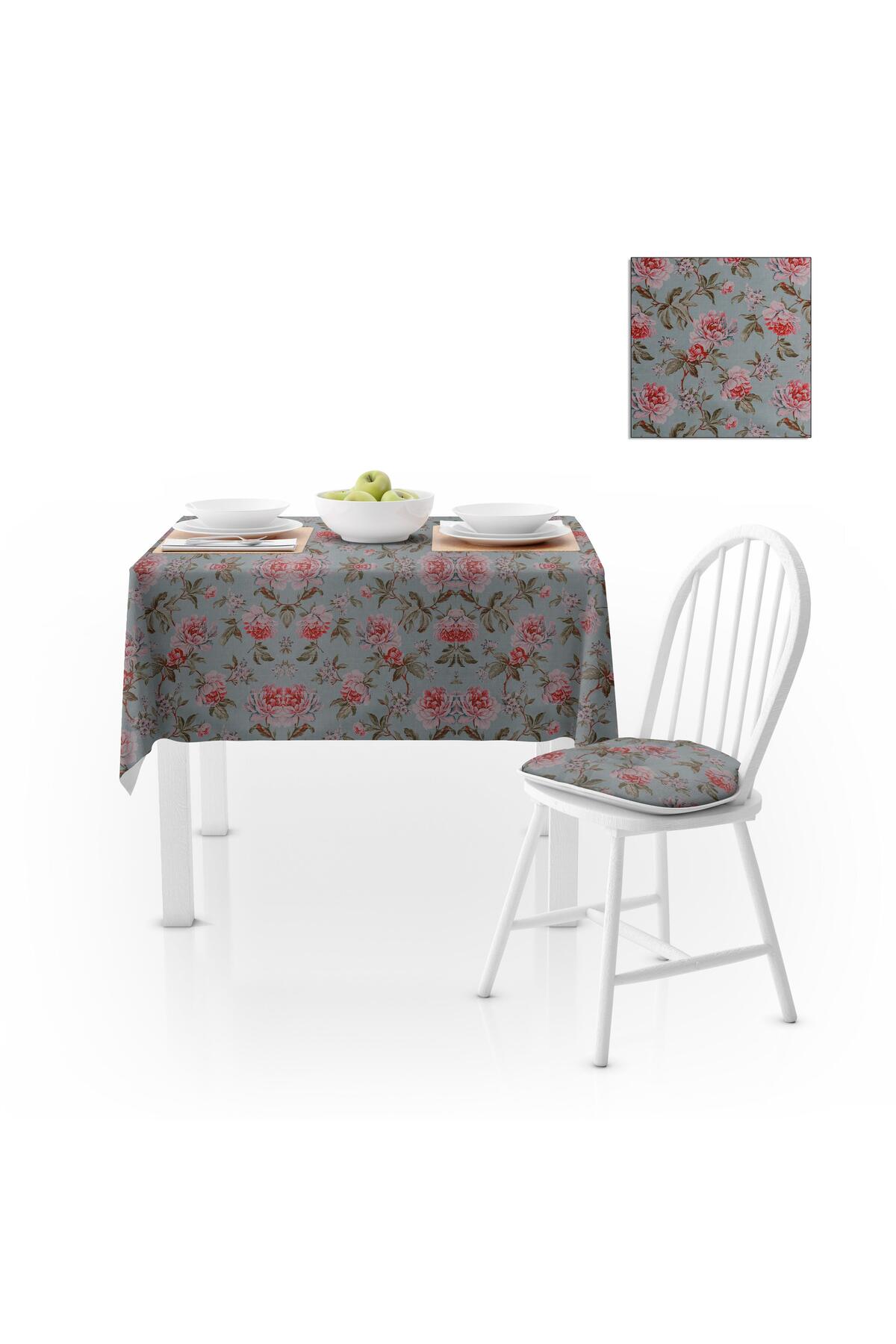 Çiçek Desenli Eskitme Kırmızı Yeşil Dijital Baskılı Petek Dokuma Masa Örtüsü 140x220