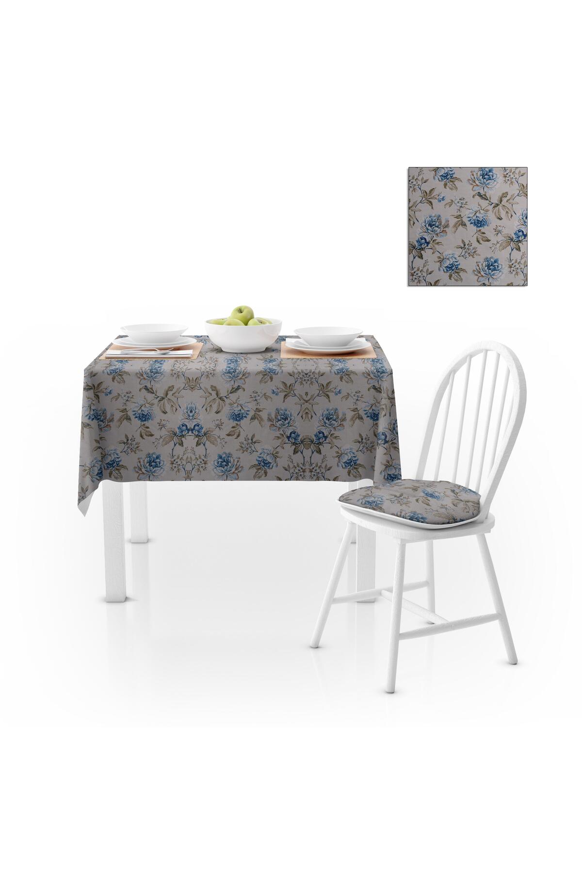 Çiçek Desenli Eskitme Mavi Vizon Dijital Baskılı Petek Dokuma Masa Örtüsü 140x180