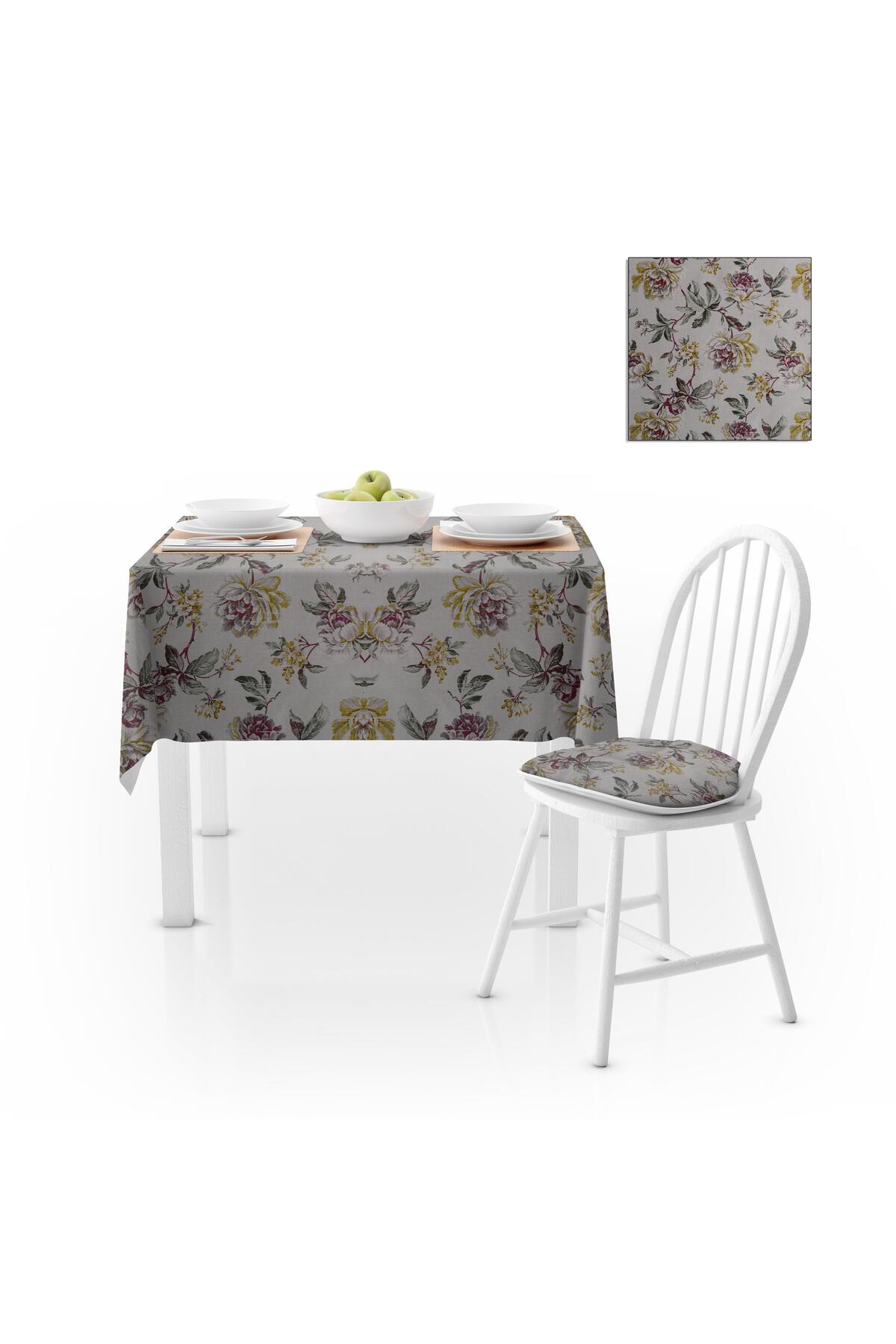 Çiçek Desenli Eskitme Yeşil Mürdüm Dijital Baskılı Petek Dokuma Masa Örtüsü 140x140