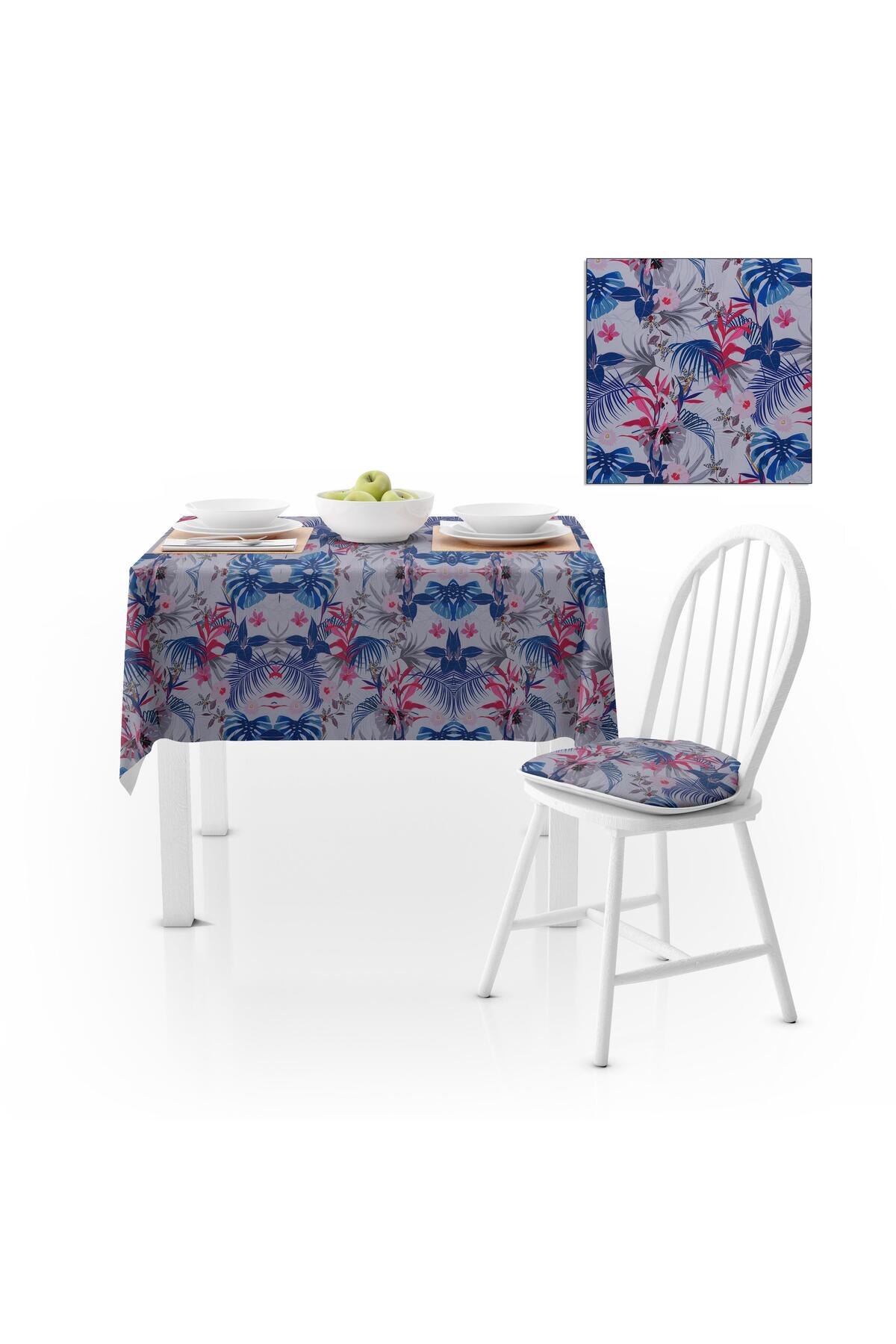 Çiçek Desenli Kırmızı Mavi Çiçekli Dijital Baskılı Petek Dokuma Masa Örtüsü 140x260