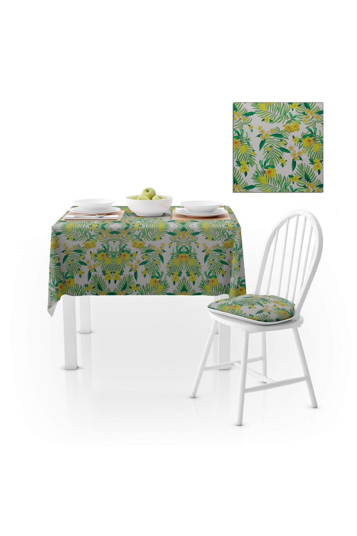 Çiçek Desenli Sarı Yeşil Dijital Baskılı Petek Dokuma Masa Örtüsü 140x260