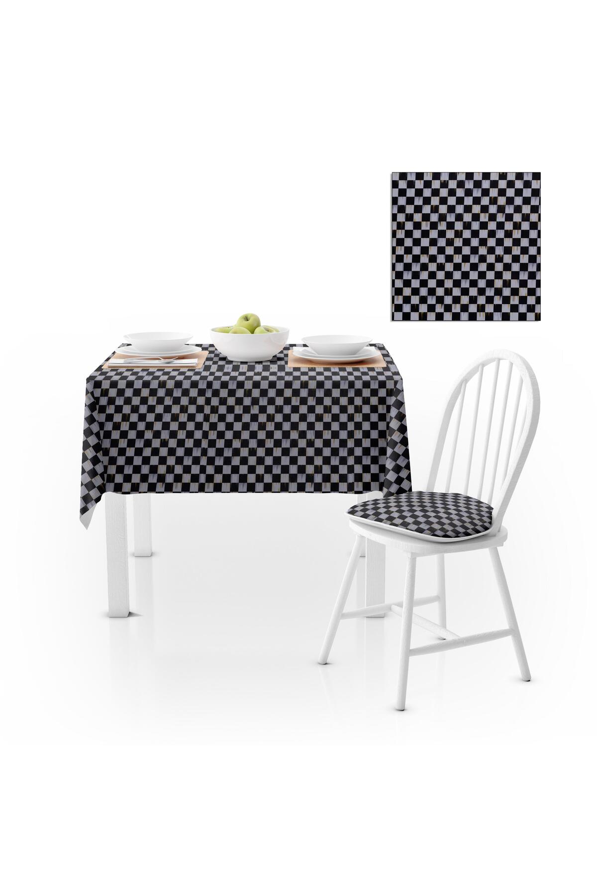 Dama Desenli Alevli Siyah Beyaz Dijital Baskılı Petek Dokuma Masa Örtüsü 140x180