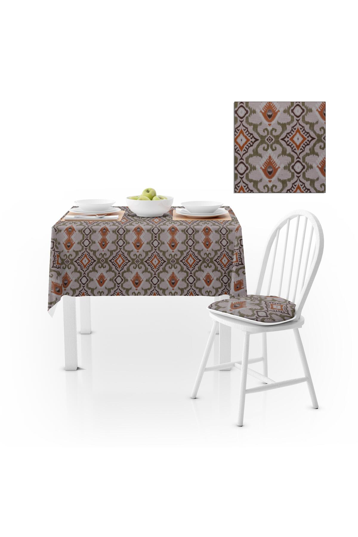 Etnik Desenli Taba Haki Dijital Baskılı Petek Dokuma Masa Örtüsü 140x220