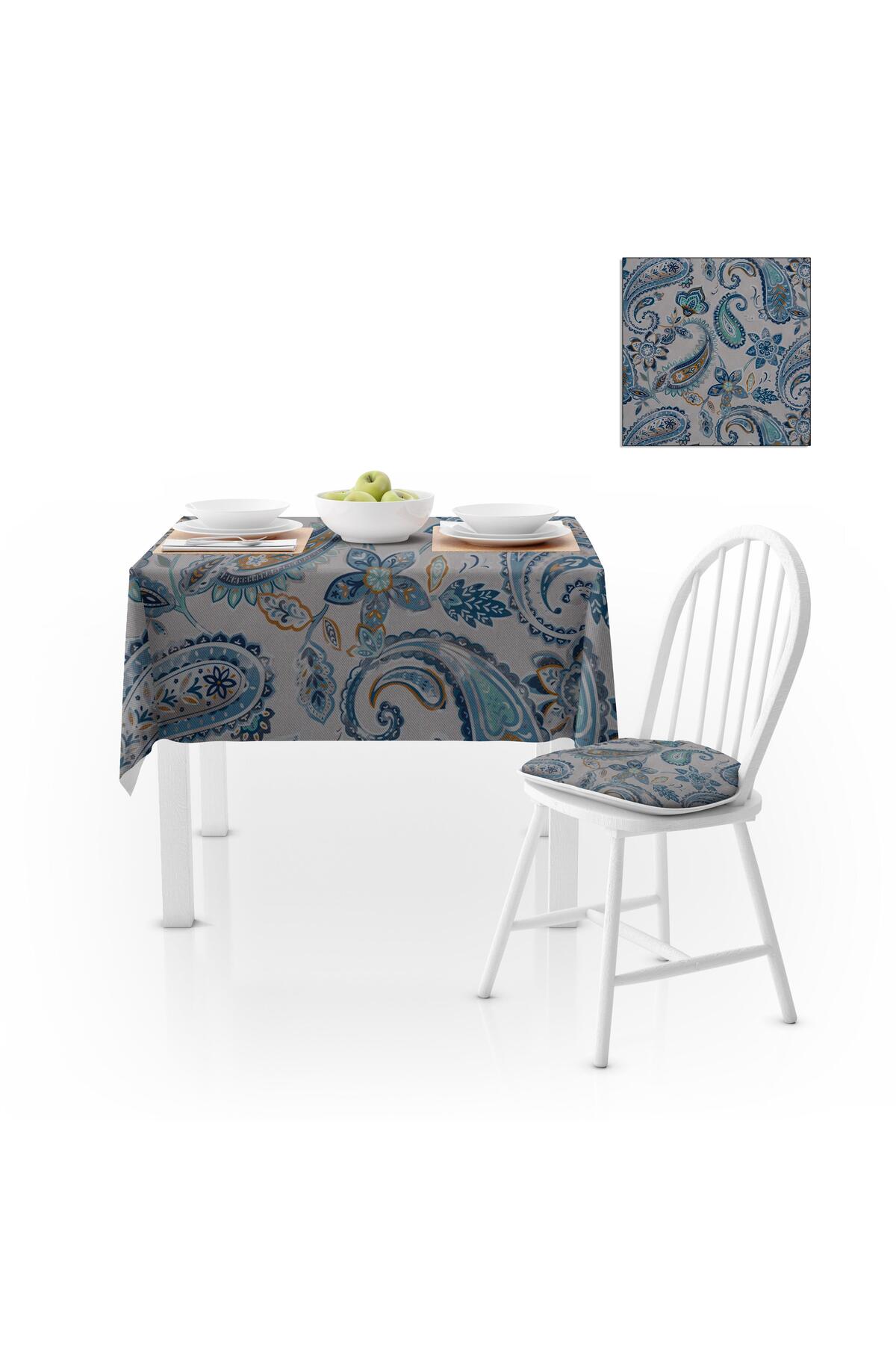 Etnik Şal Desenli Gri Zemin Mavi Turkuaz Dijital Baskılı Petek Dokuma Masa Örtüsü 140x260