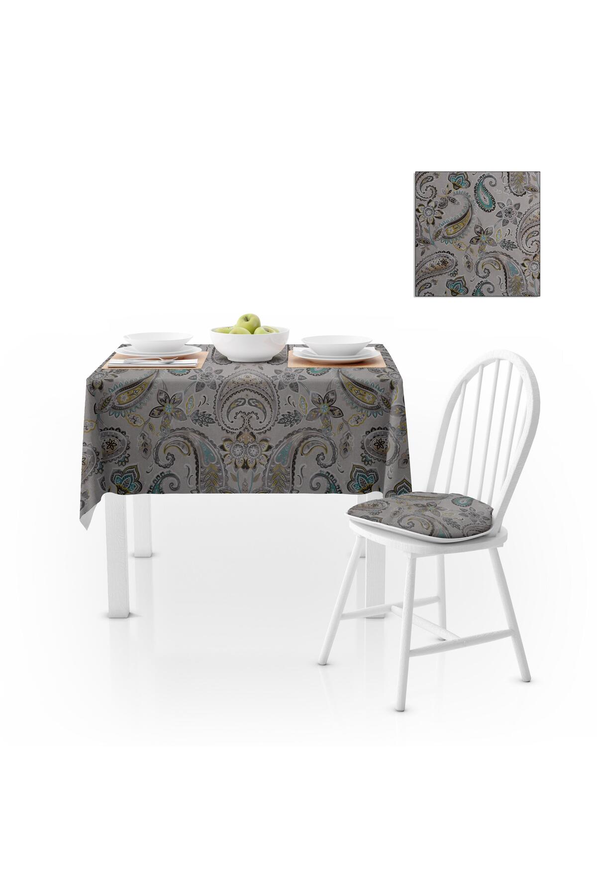 Etnik Şal Desenli Gri Zemin Sarı Turkuaz Dijital Baskılı Petek Dokuma Masa Örtüsü 140x220