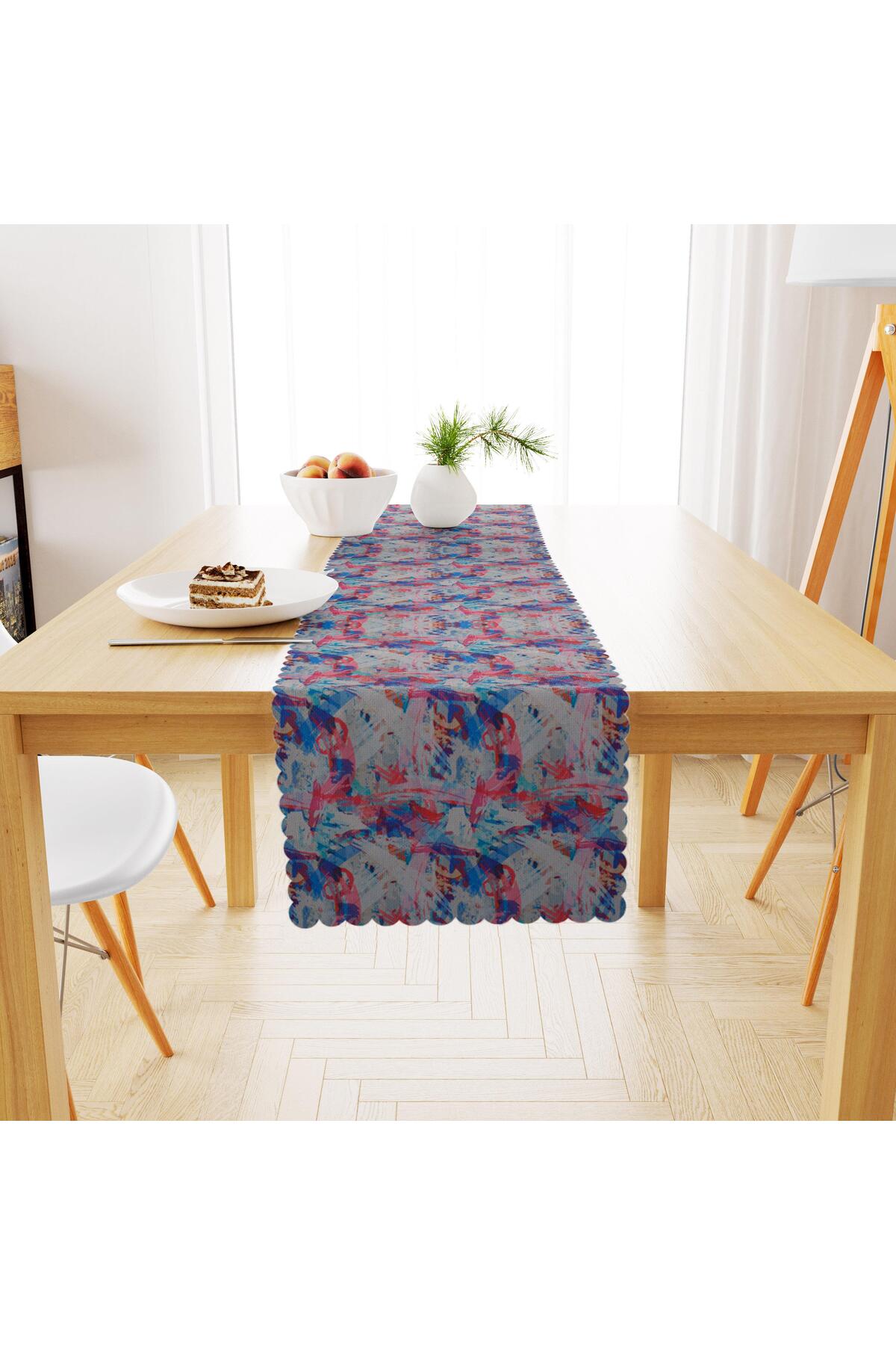 Fırça Desenli Krem Zemin Kırmızı Mavi Dijital Baskılı Petek Dokuma Runner 40x140