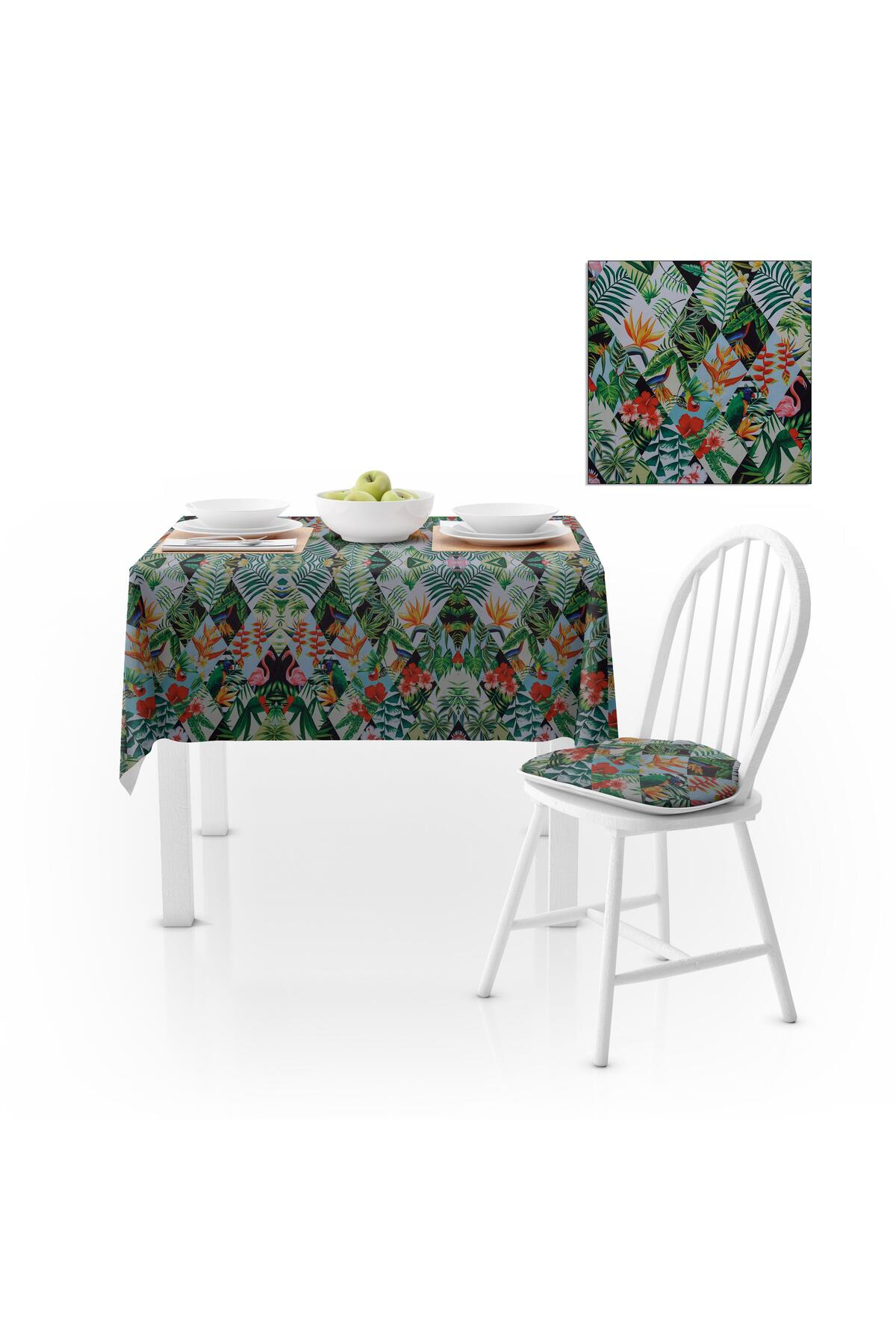 Flamingo Papağan Desenli Baklava Dilimli Yeşil Dijital Baskılı Petek Dokuma Masa Örtüsü 140x220