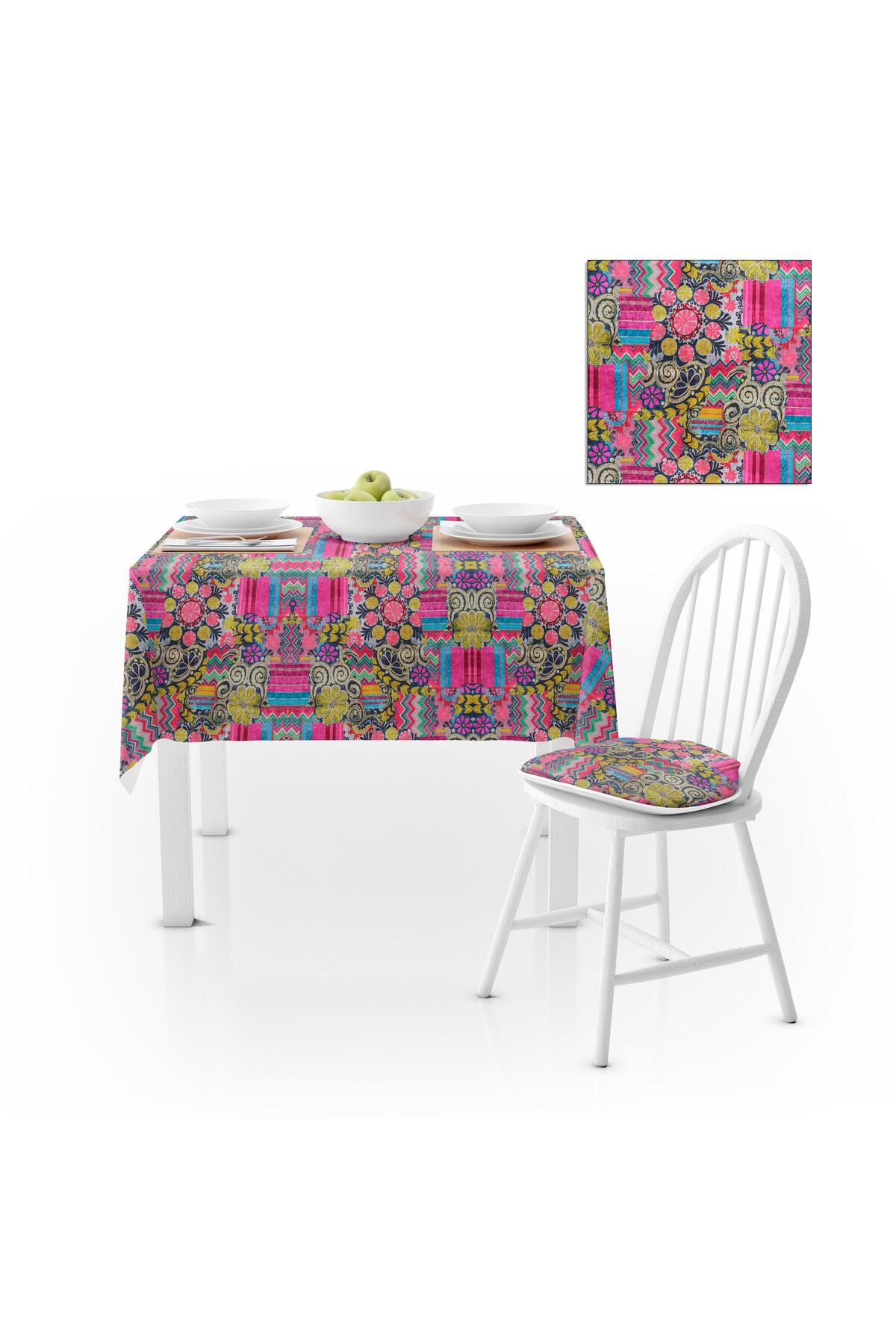 Geometrik Desenli Fuşya Sarı Kadife Dokulu 180X260 Masa Örtüsü