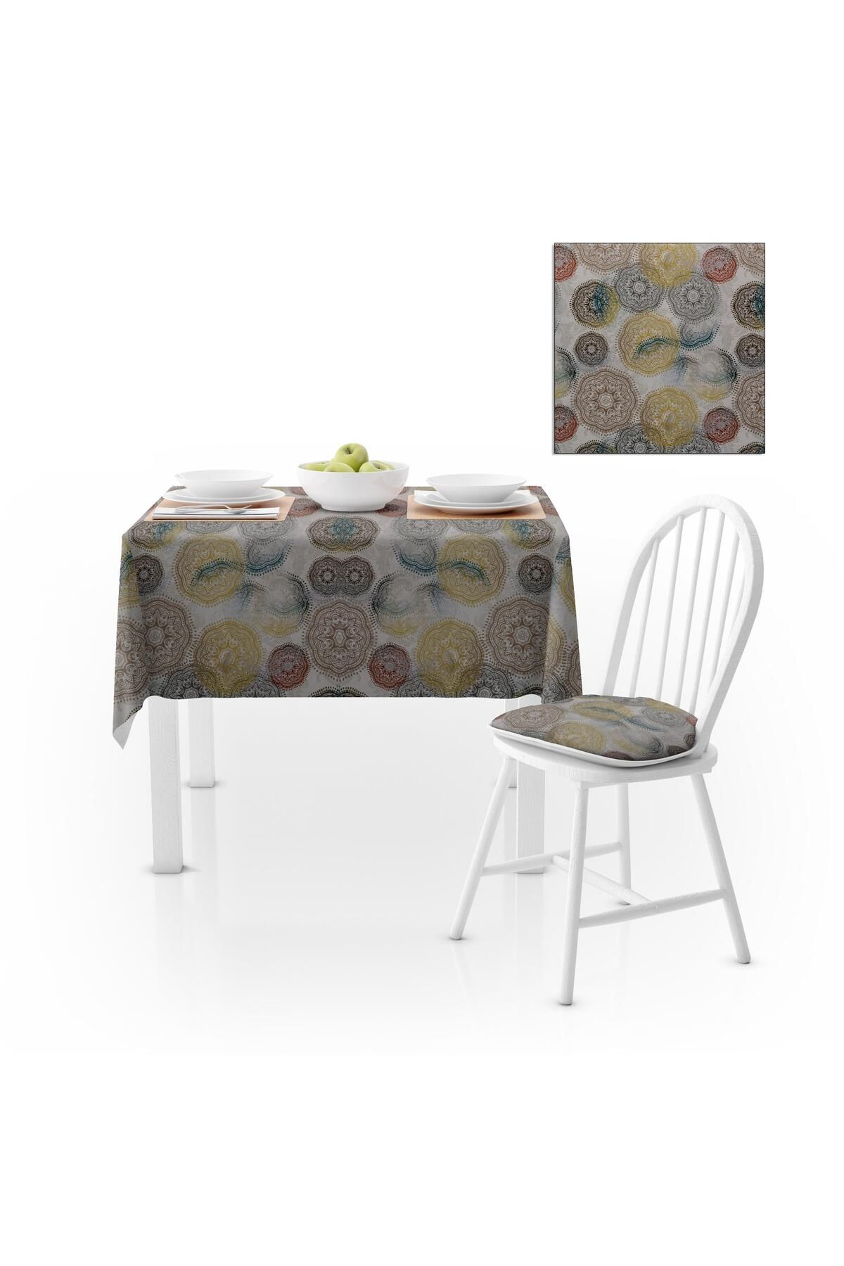 Geometrik Desenli Motifli Sarı Kiremit Vizon Dijital Baskılı Petek Dokuma Masa Örtüsü 120x140