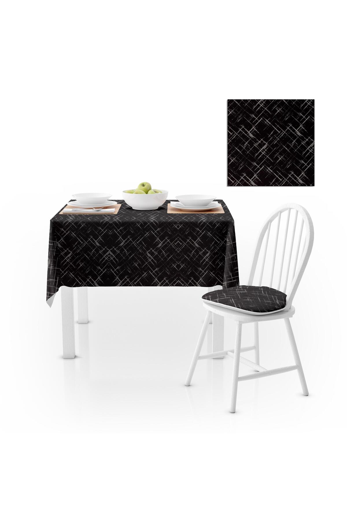 Geometrik Desenli Siyah Beyaz Dijital Baskılı Petek Dokuma Masa Örtüsü 140x140