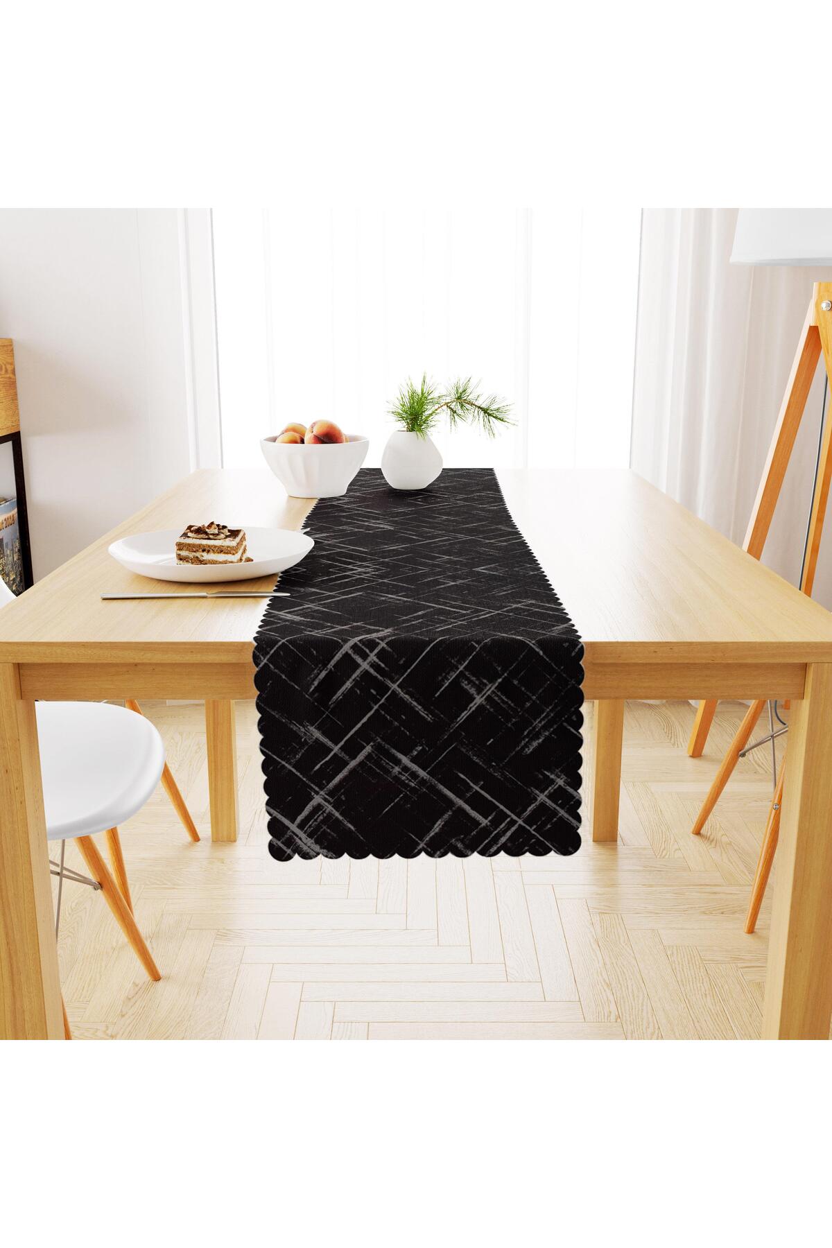 Geometrik Desenli Siyah Beyaz Dijital Baskılı Petek Dokuma Runner 40x140