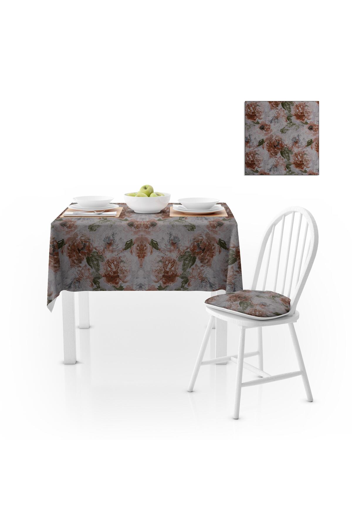 Gül Desenki Kahverengi Yeşil Dijital Baskılı Petek Dokuma Masa Örtüsü 140x220