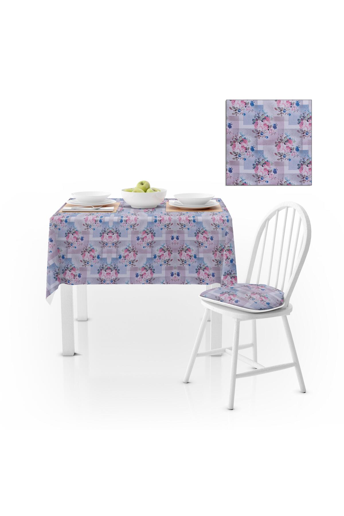 Gül Desenli Gri Mavi Gül Kurusu Kadife Dokulu 140X180 Masa Örtüsü