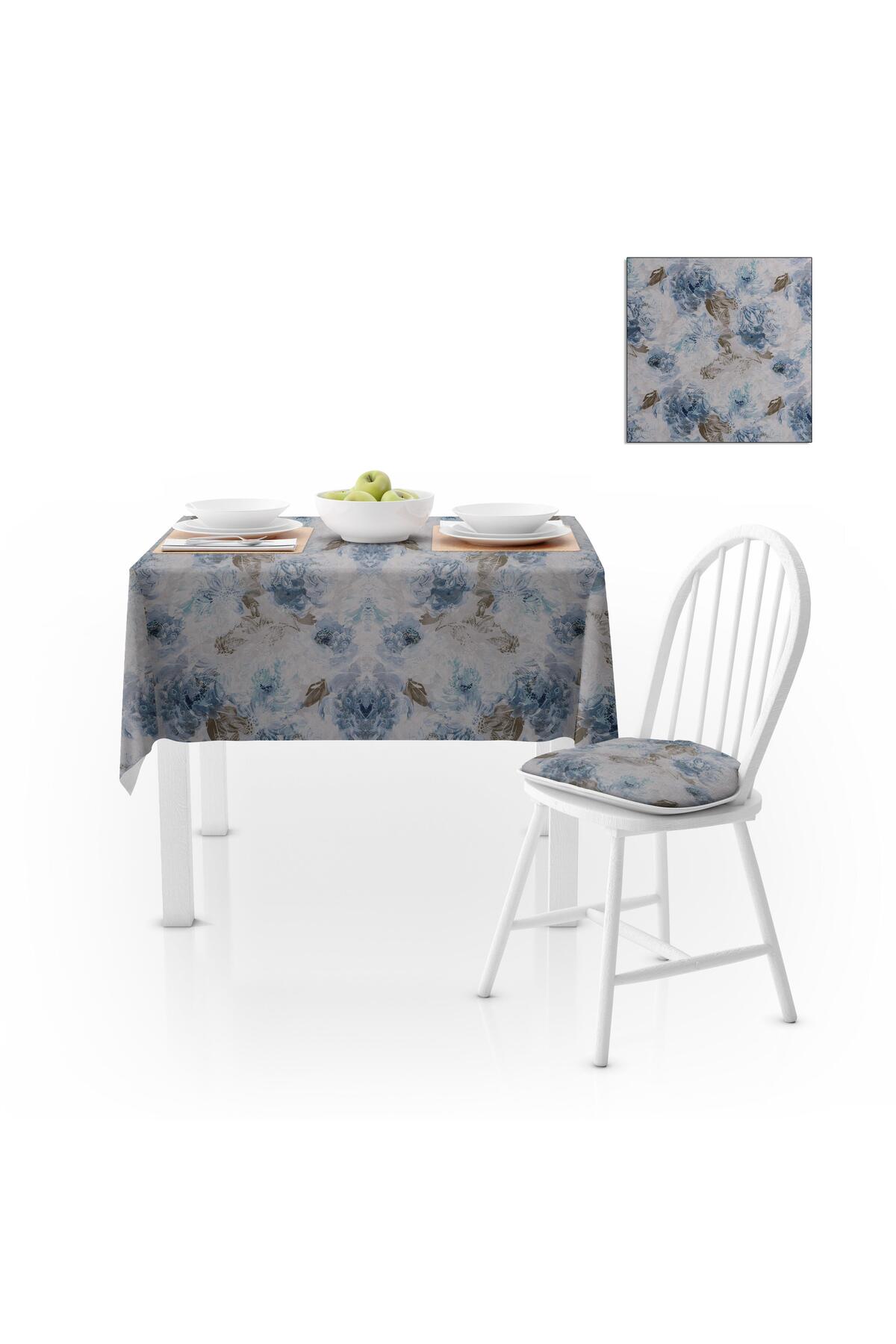 Gül Desenli Kahve Mavi Dijital Baskılı Petek Dokuma Masa Örtüsü 120x140