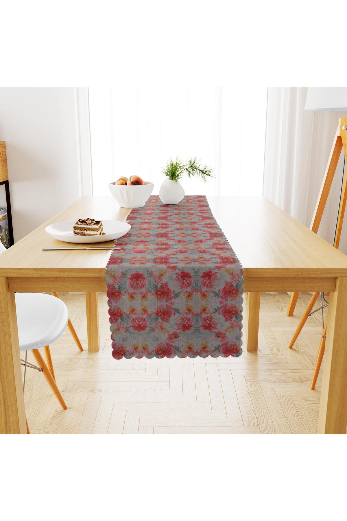 Gül Desenli Kırmızı Kavun İçi Dijital Baskılı Petek Dokuma Runner 40x140