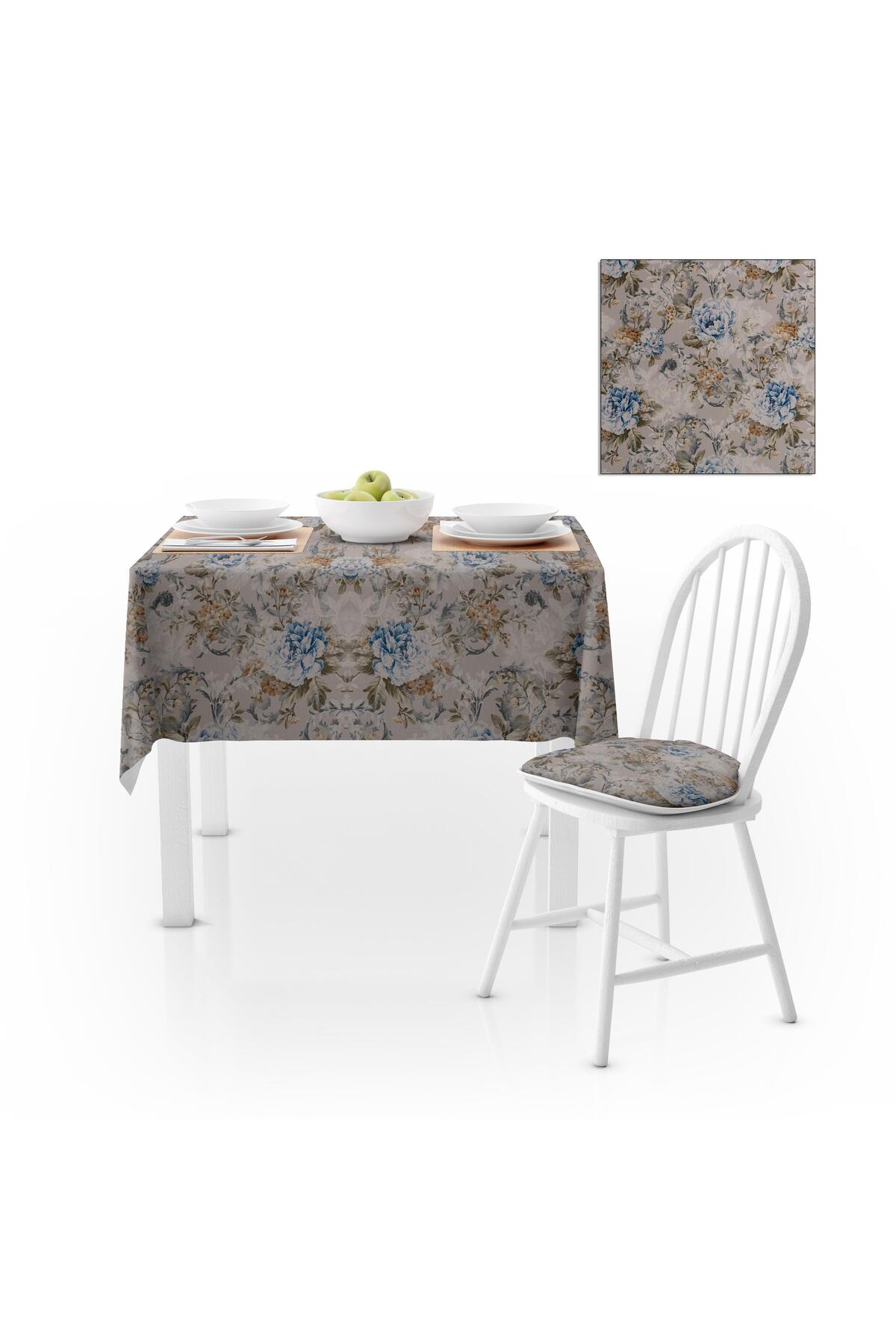 Gül Desenli Mavi Sütlü Kahve Dijital Baskılı Petek Dokuma Masa Örtüsü 120x140
