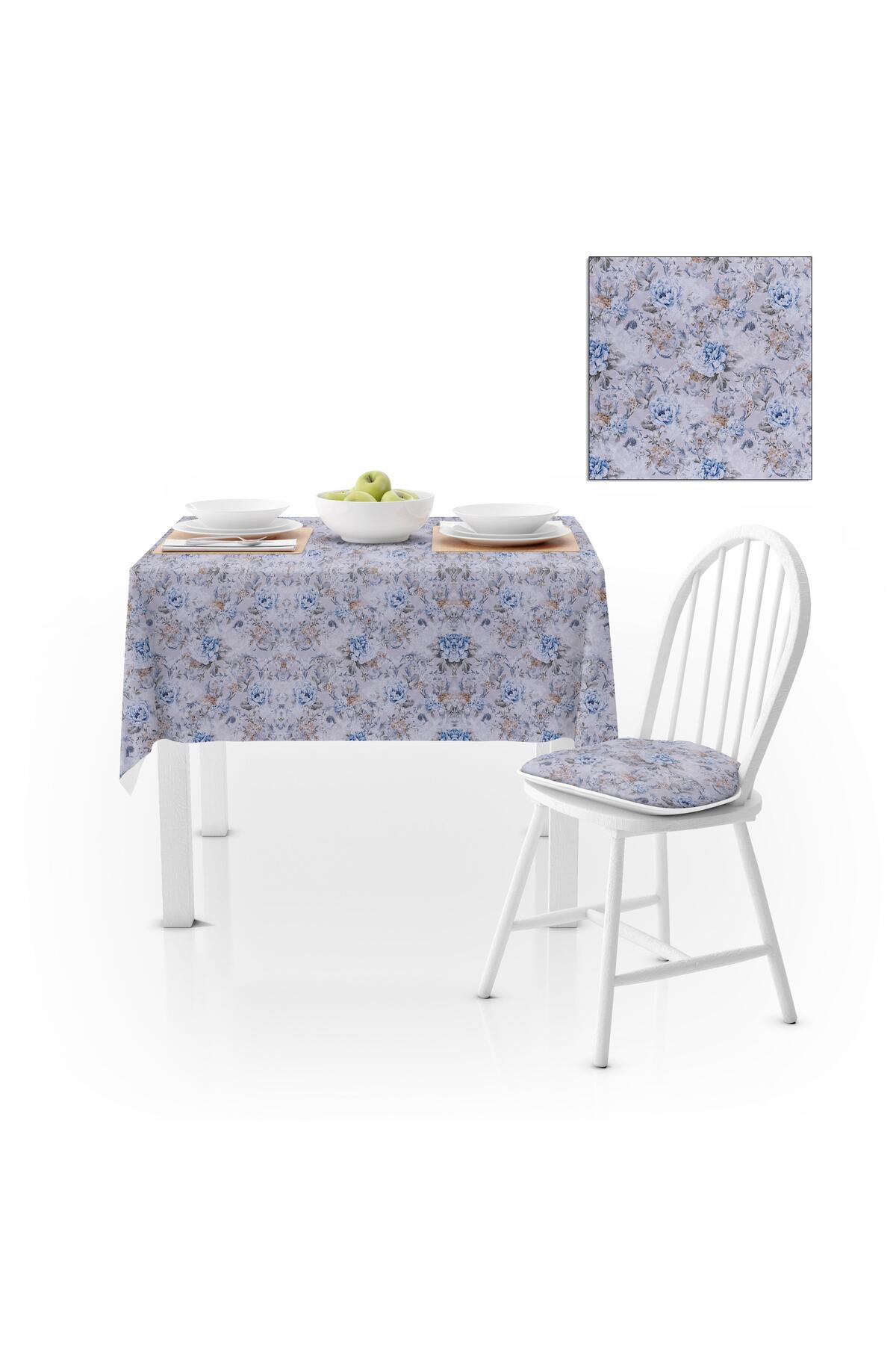 Gül Desenli Mavi Sütlü Kahve Kadife Dokulu 120X180 Masa Örtüsü