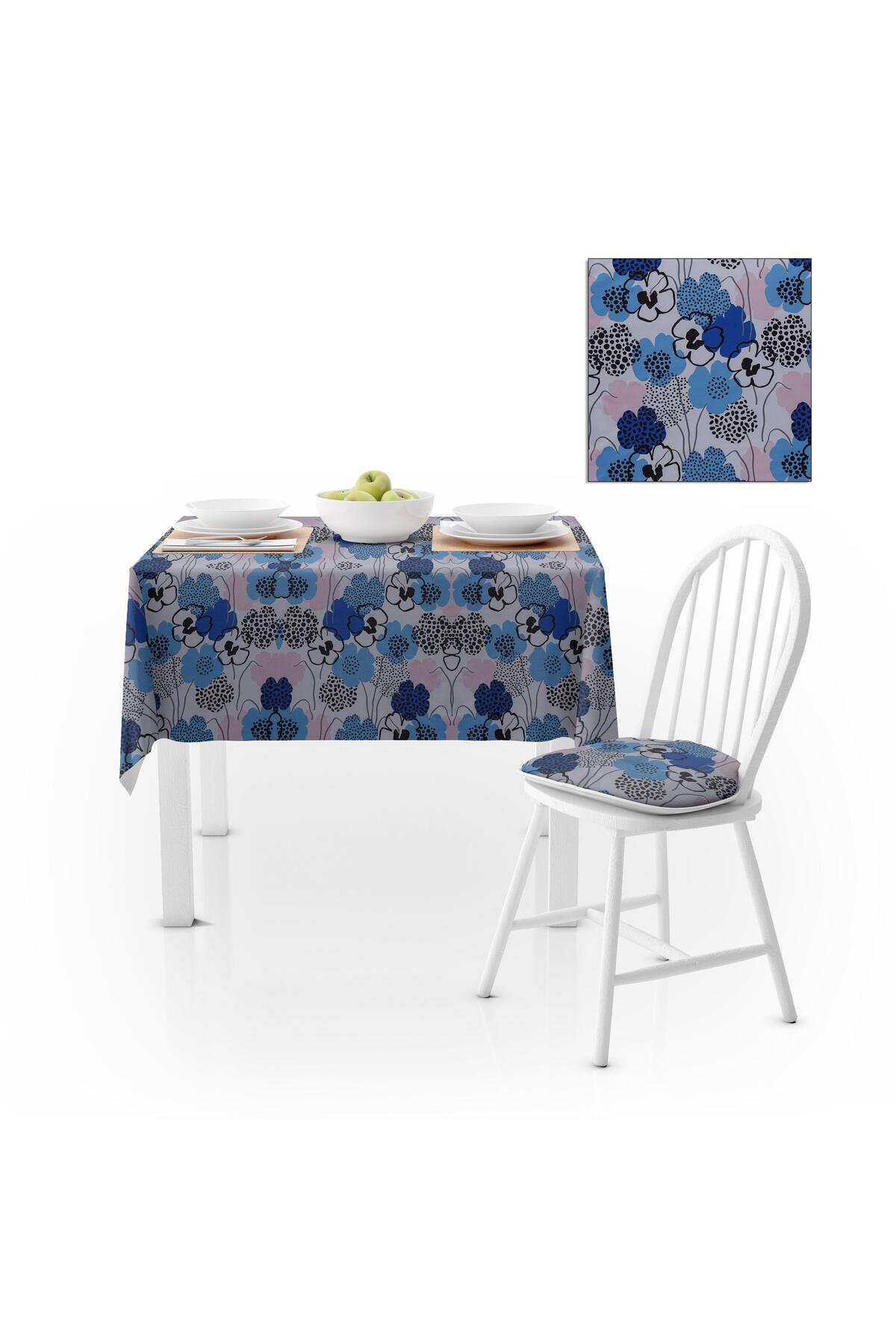 Gül Desenli Pembe Mavi Lacivert Dijital Baskılı Petek Dokuma Masa Örtüsü 140x220