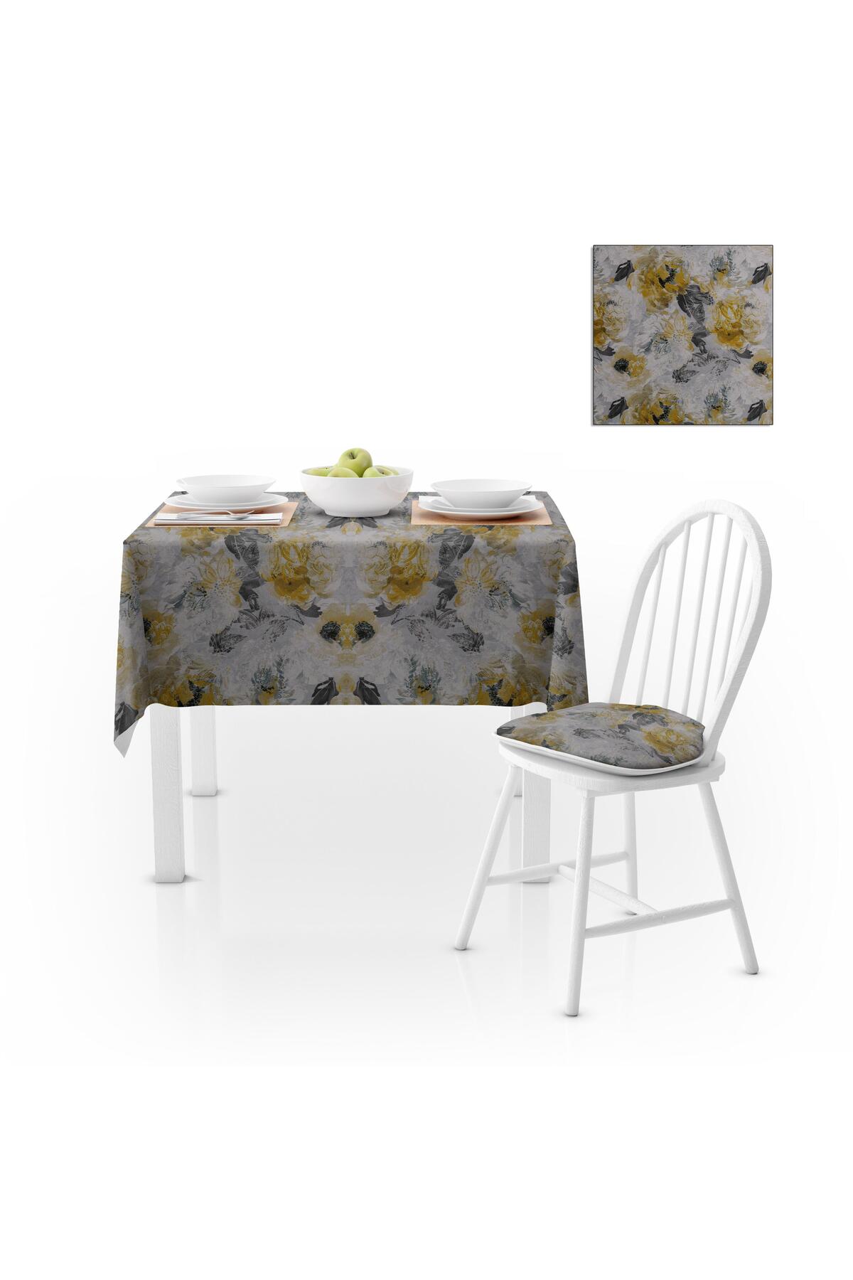 Gül Desenli Sarı Açık Gri Dijital Baskılı Petek Dokuma Masa Örtüsü 140x180