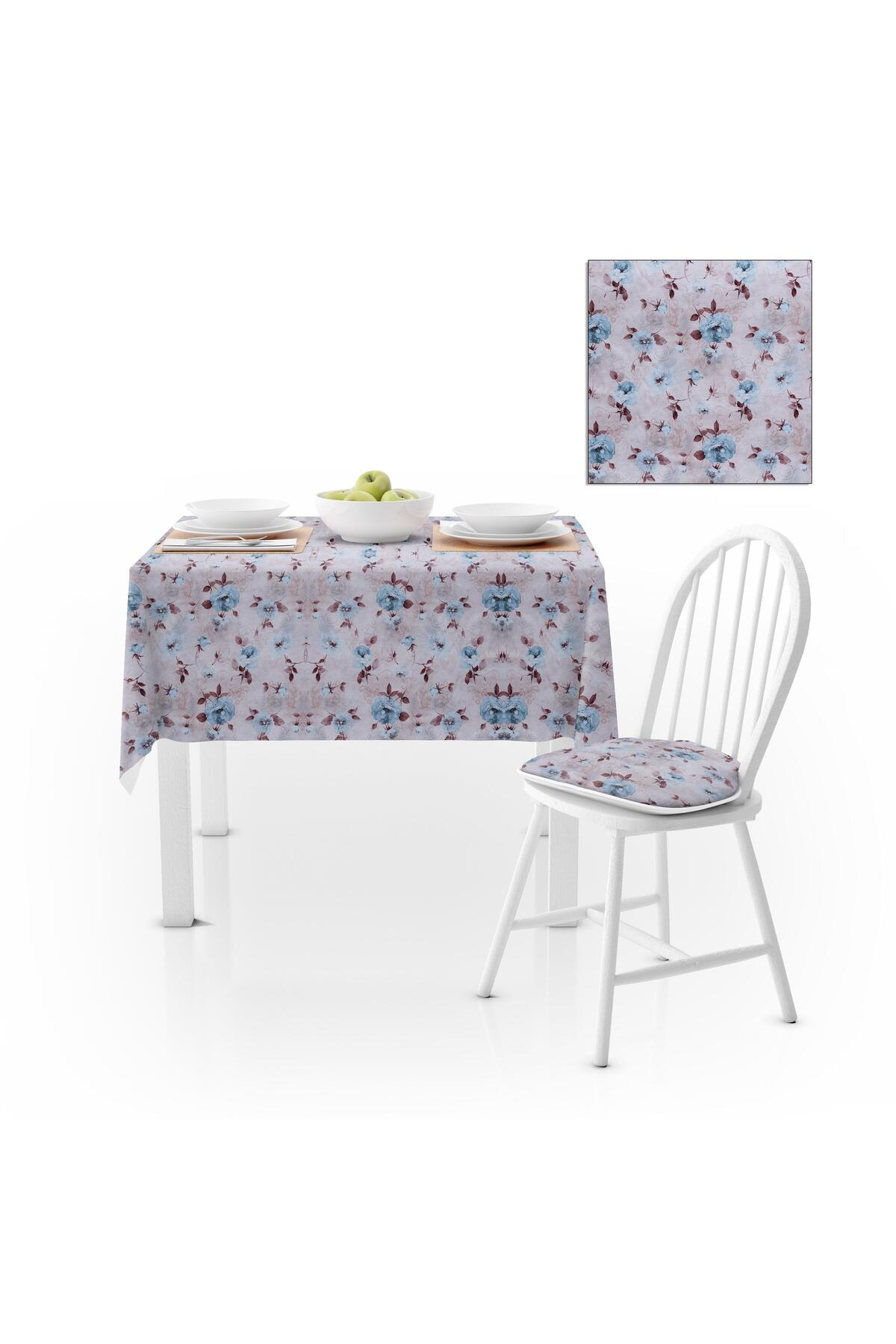 Gül Desenli Turkuaz Kahve Kadife Dokulu 180X180 Masa Örtüsü