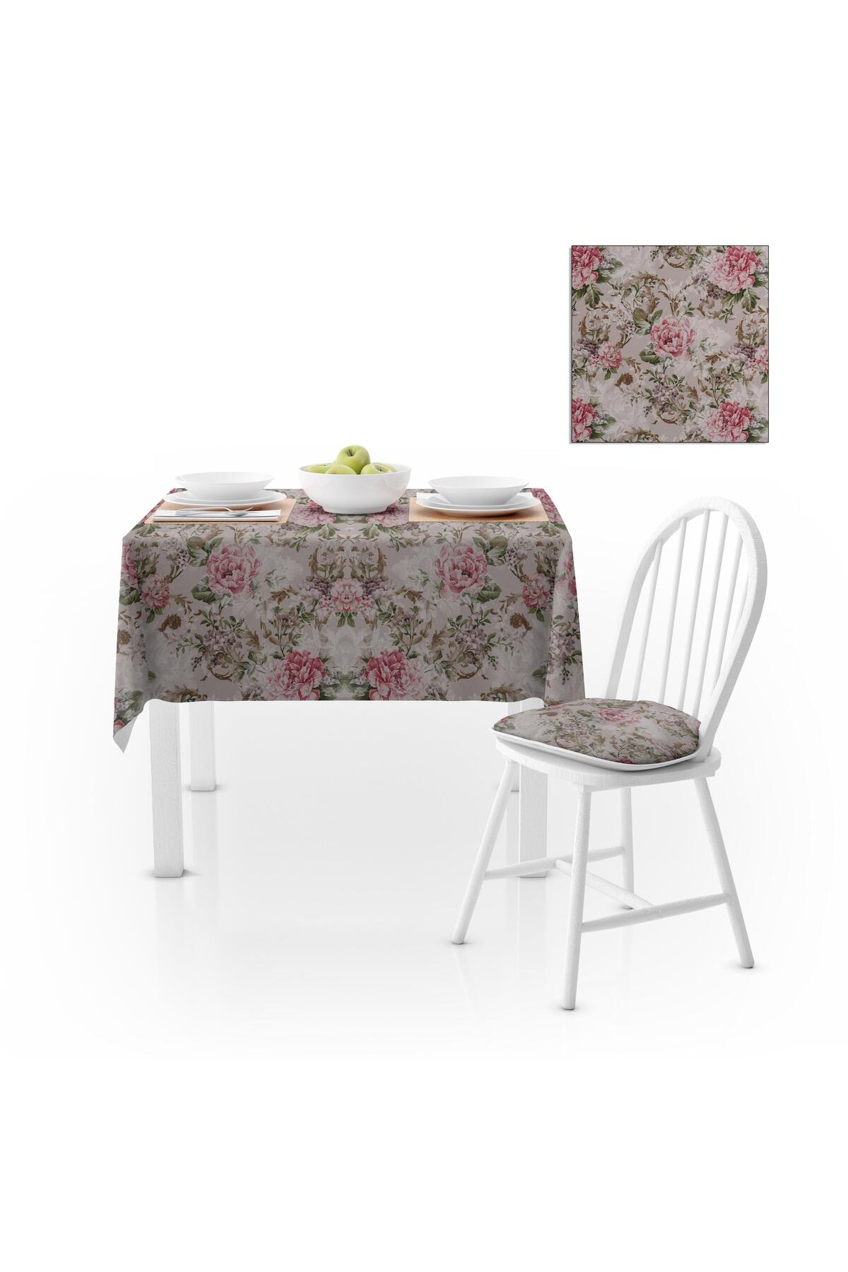 Gül Desenli Yeşil Yapraklı Gül Kurusu Dijital Baskılı Petek Dokuma Masa Örtüsü 120x140