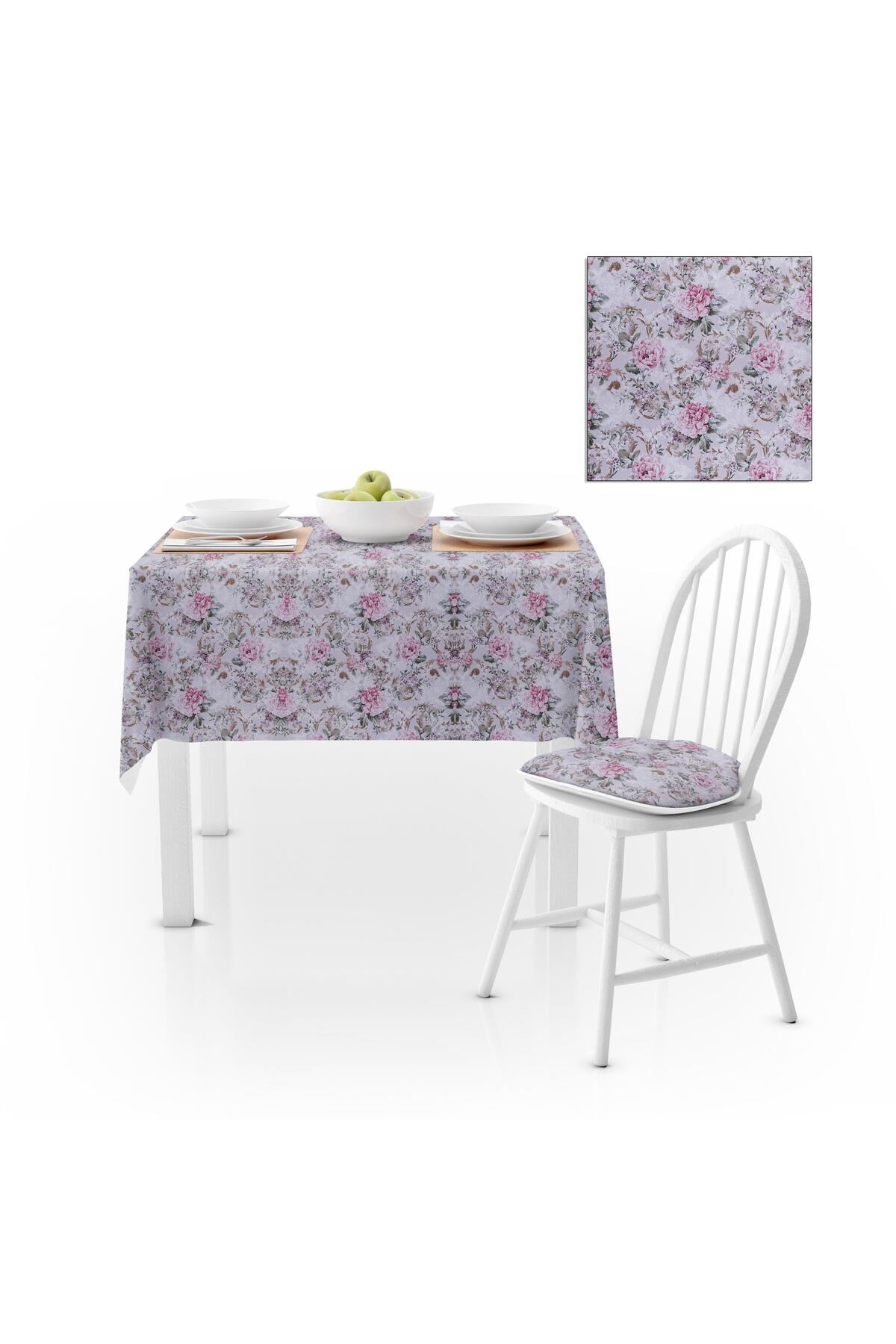 Gül Desenli Yeşil Yapraklı Gül Kurusu Kadife Dokulu 120X180 Masa Örtüsü