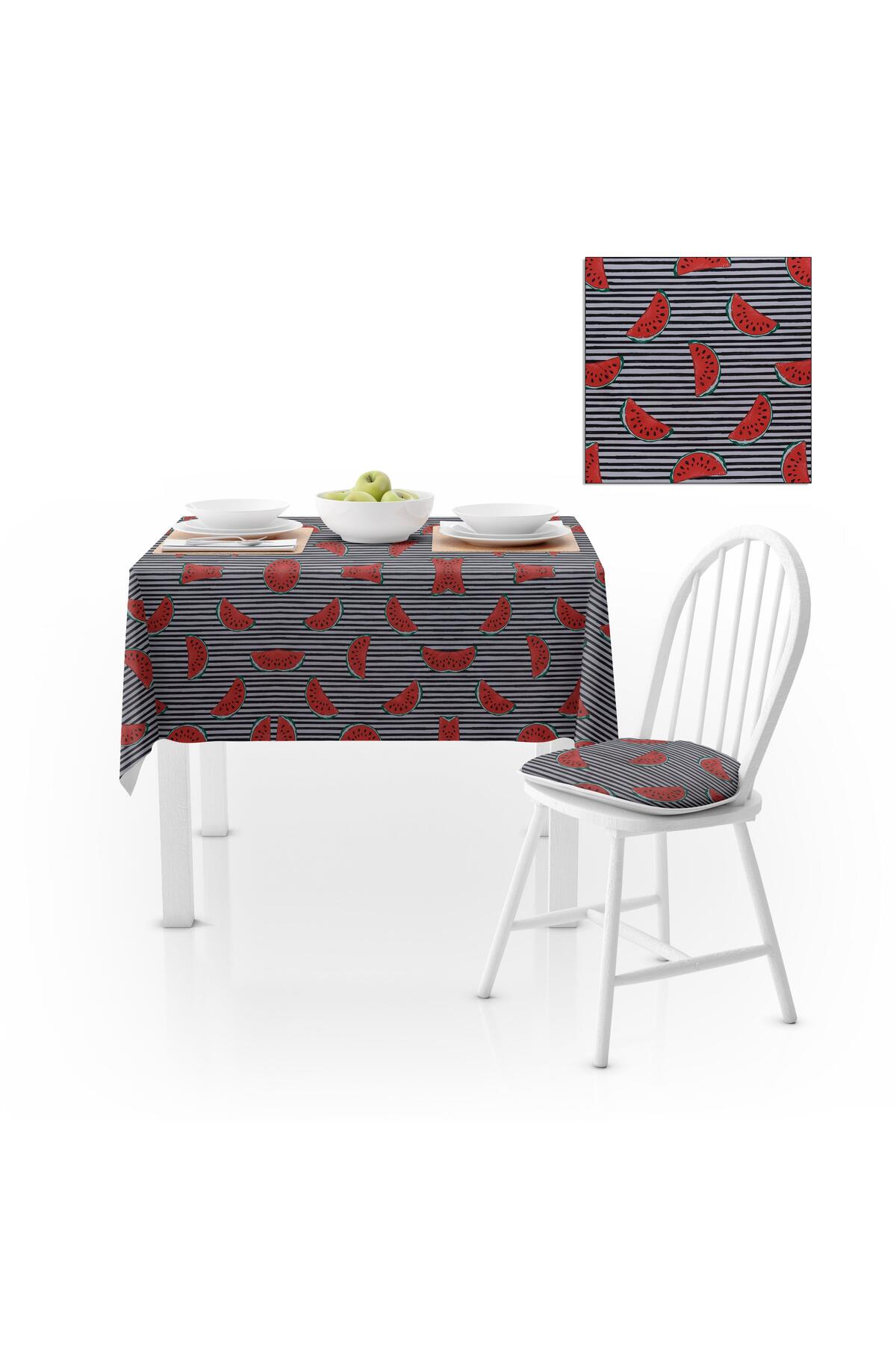 Karpuz Dilimli Desenli Siyah Beyaz Zemin Dijital Baskılı Petek Dokuma Masa Örtüsü 140x180