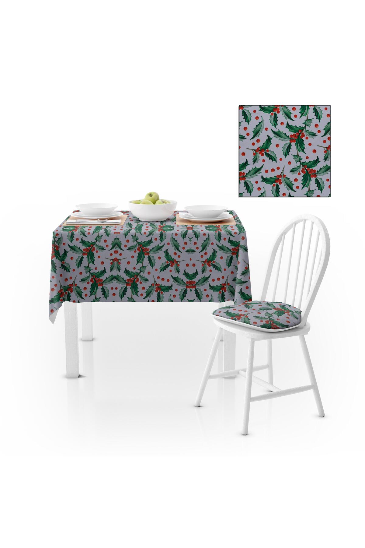 Kızılcık Desenli Yeşil Yapraklı Dijital Baskılı Petek Dokuma Masa Örtüsü 140x140