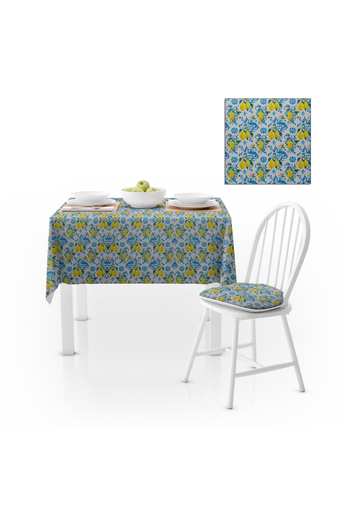 Limon Ağacı Desenli Sarı Mavi Dijital Baskılı Petek Dokuma Masa Örtüsü 140x140