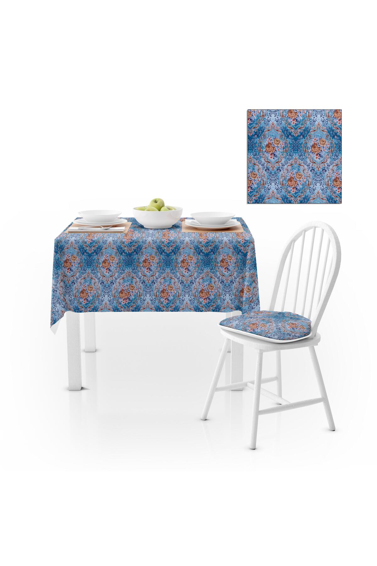 Modern Damask Desenli Mavi Kadife Dokulu 180X220 Masa Örtüsü