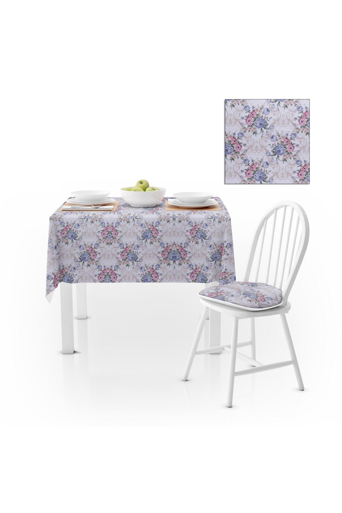 Modern Gül Deseni Mavi Kadife Dokulu 180X260 Masa Örtüsü