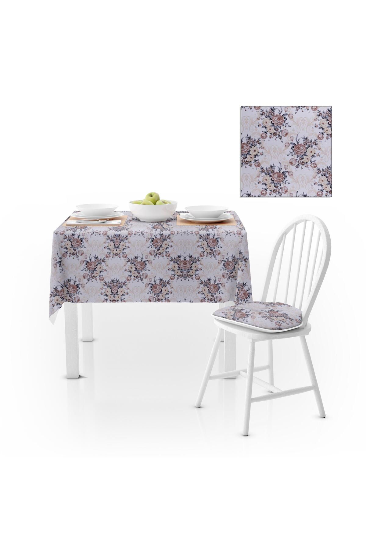 Modern Gül Yapraklı Krem Kadife Dokulu 180X220 Masa Örtüsü