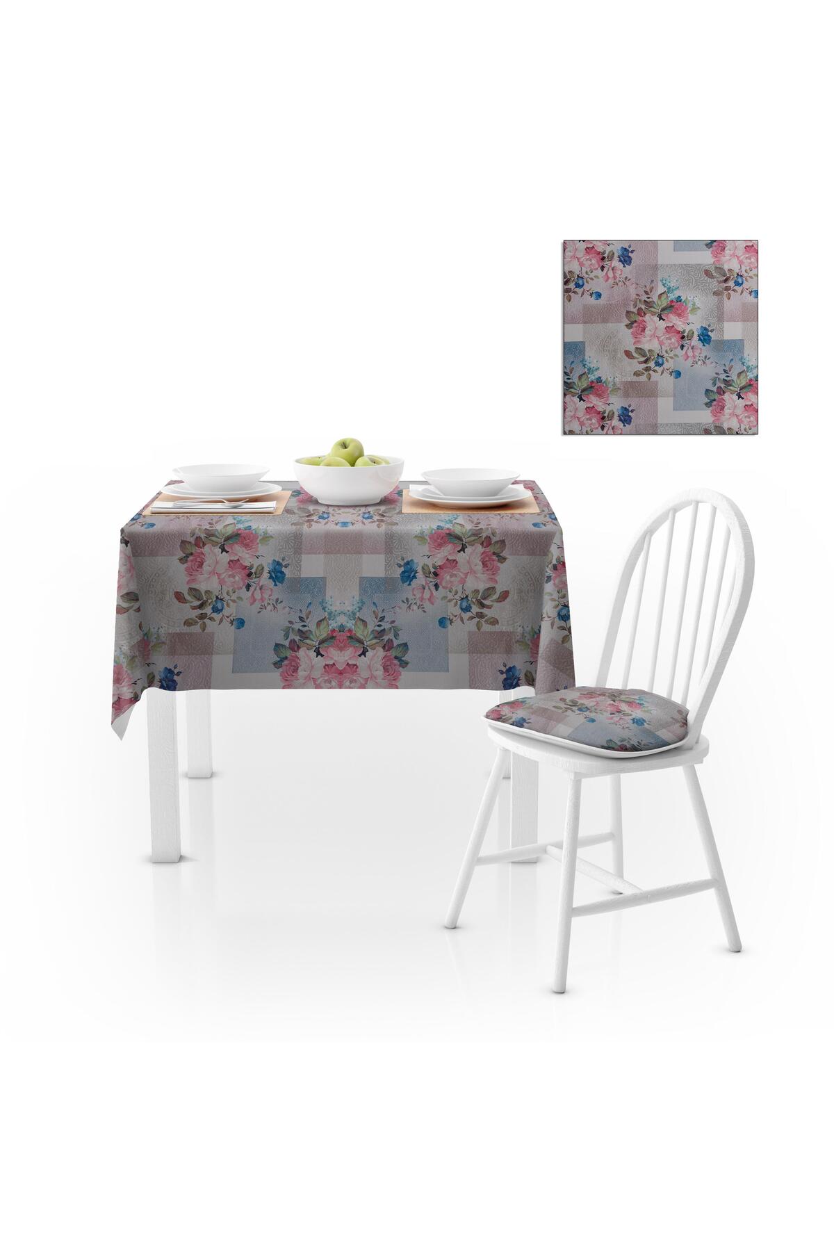 Motifli Gül Desenli Renkli Zemin Mavi Gül Kurusu Dijital Baskılı Petek Dokuma Masa Örtüsü 120x140
