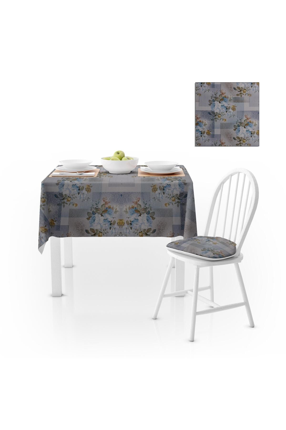 Motifli Gül Desenli Renkli Zemin Mavi Hardal Dijital Baskılı Petek Dokuma Masa Örtüsü 140x220
