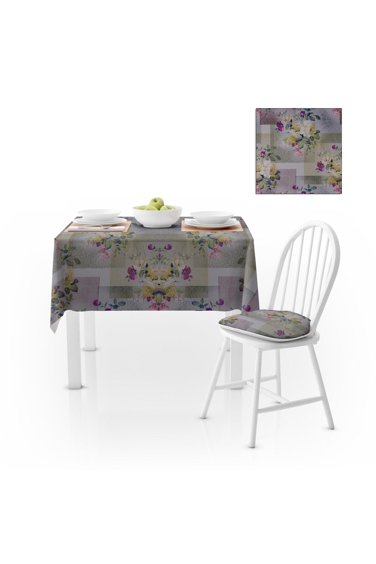 Motifli Gül Desenli Renkli Zemin Mor Hardal Dijital Baskılı Petek Dokuma Masa Örtüsü 140x220