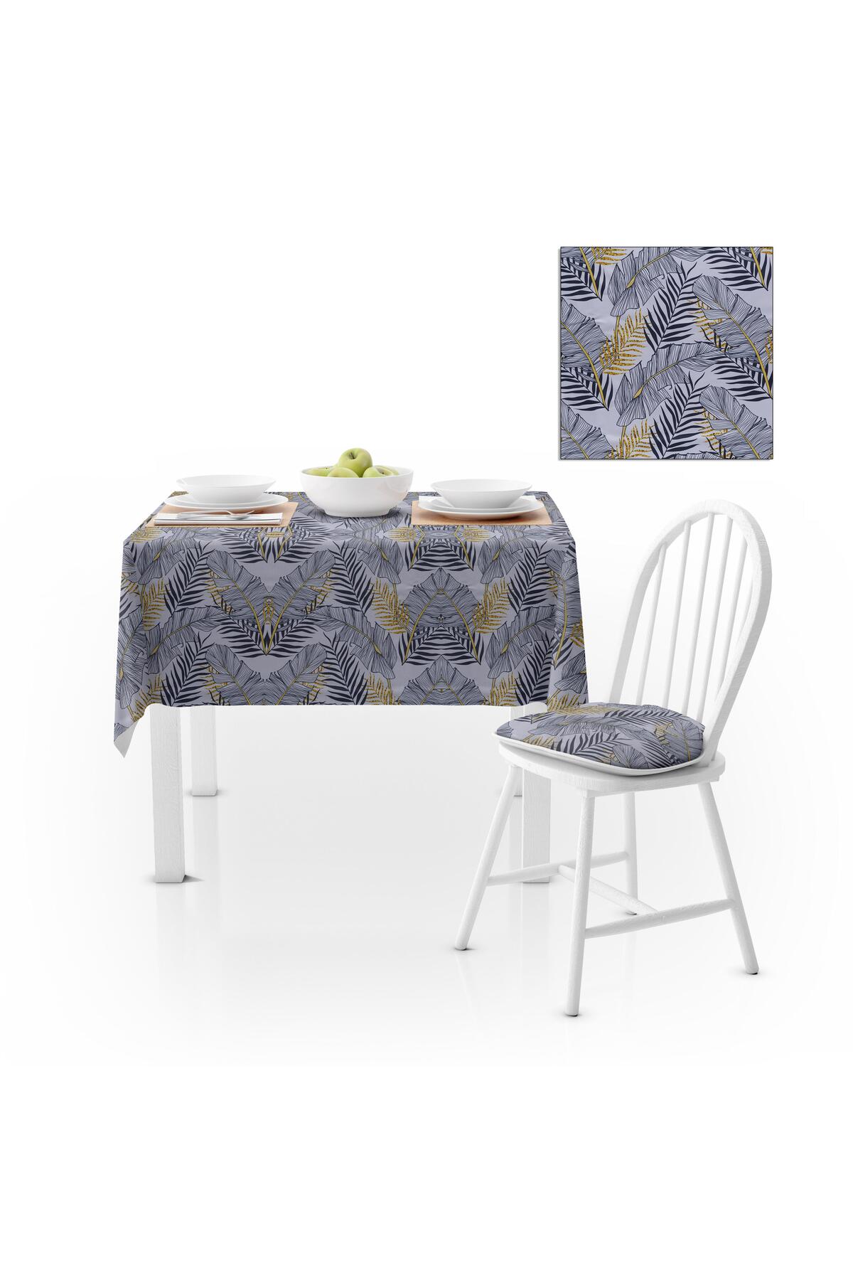 Palmiye Desenli Sarı Gri Dijital Baskılı Petek Dokuma Masa Örtüsü 140x140