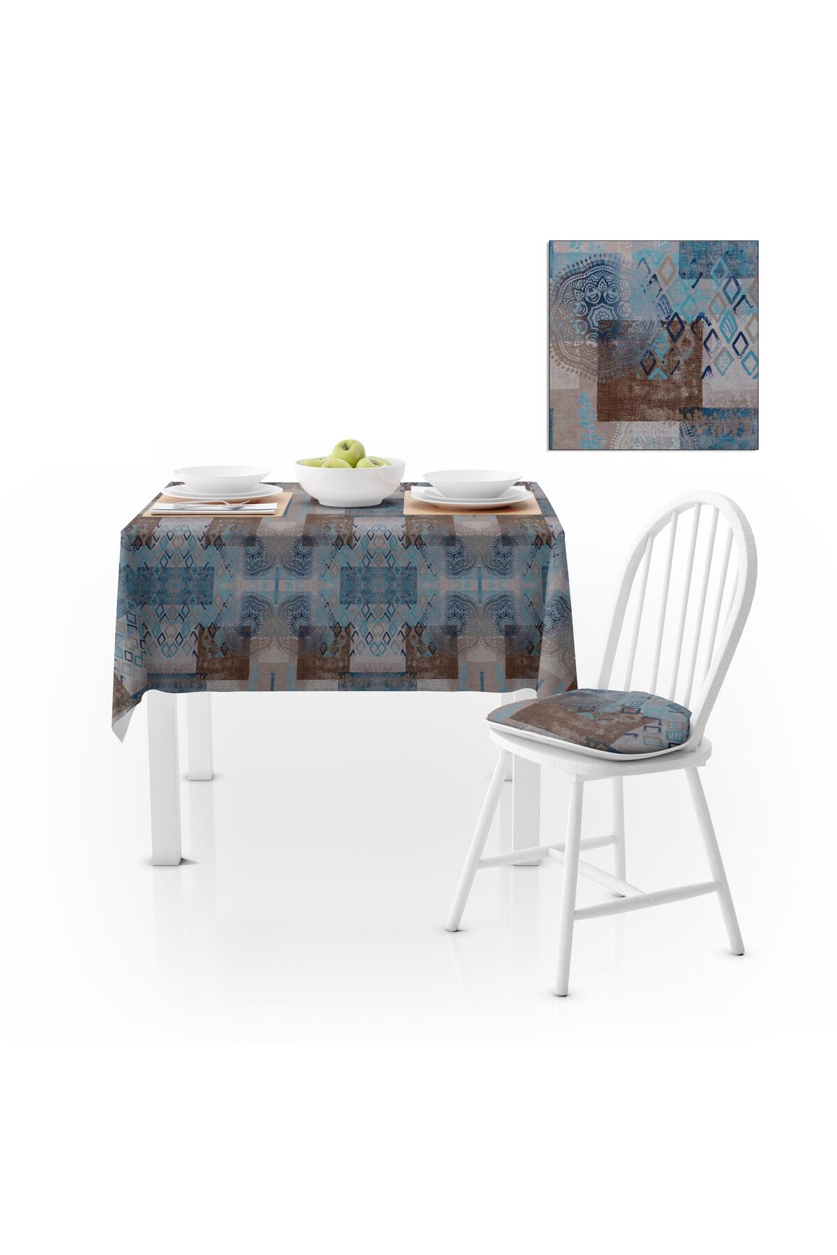 Patchwork Desenli Motifli Mavi Lacivert Runner Dijital Baskılı Petek Dokuma Masa Örtüsü 120x140