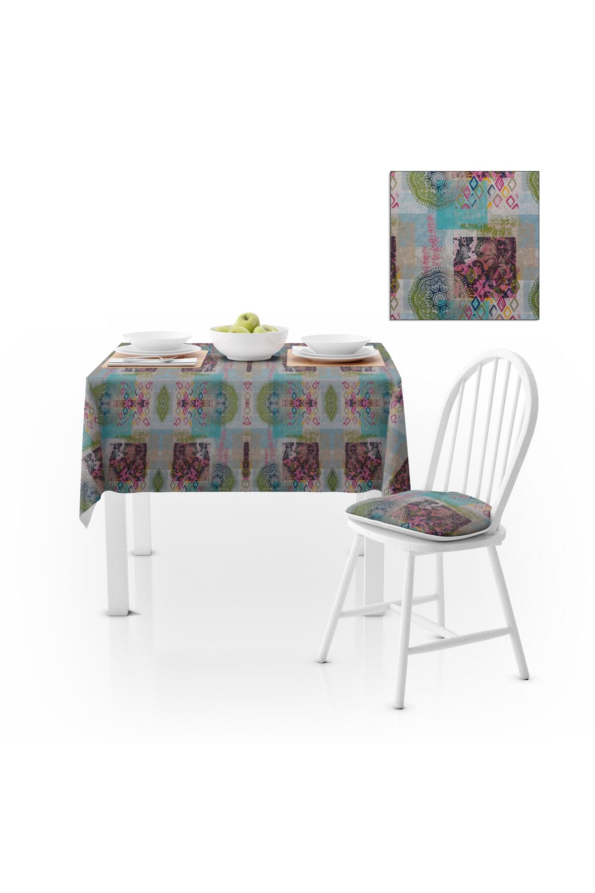 Patchwork Desenli Motifli Turkuaz Pembe Dijital Baskılı Petek Dokuma Masa Örtüsü 140x140