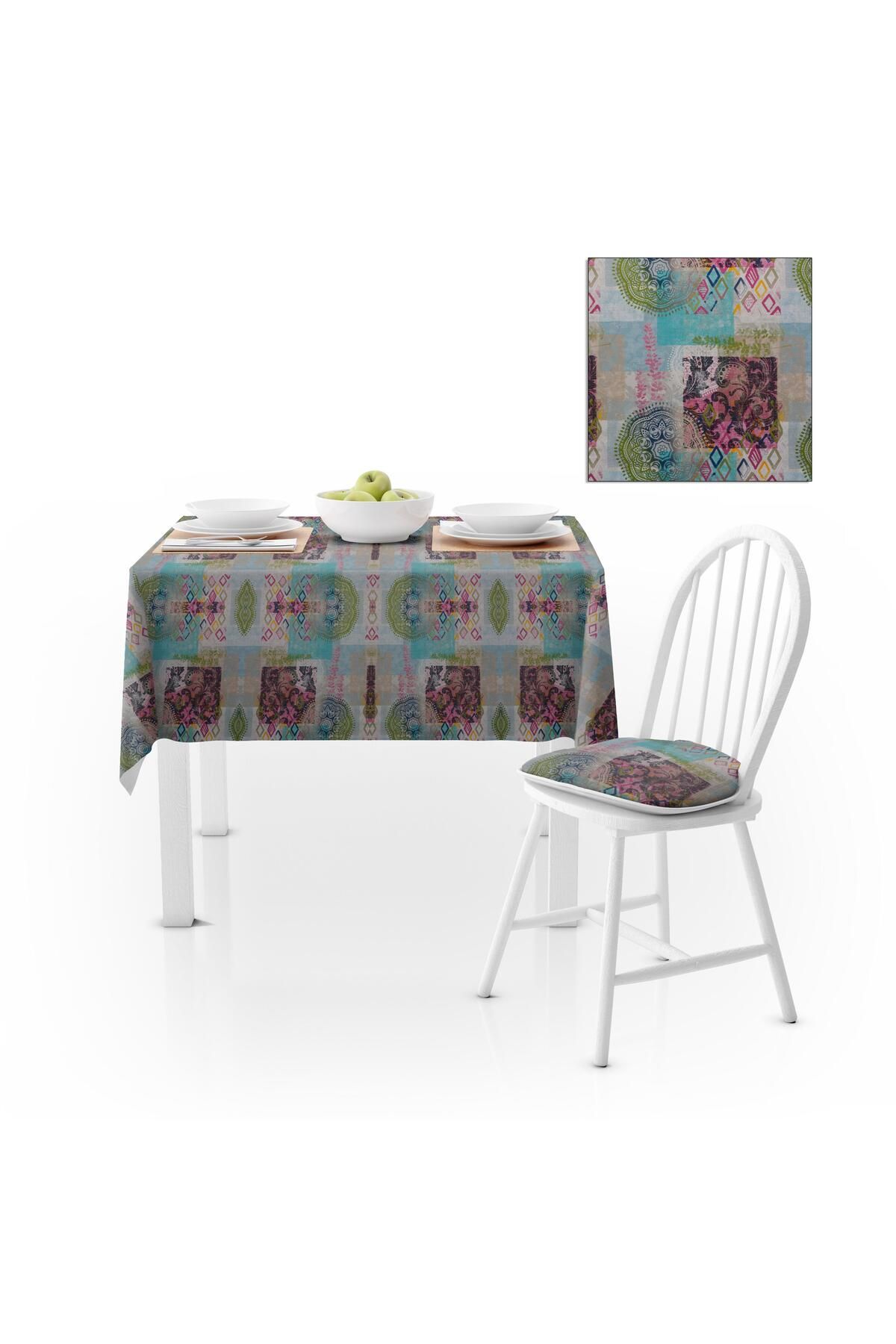 Patchwork Desenli Motifli Turkuaz Pembe Dijital Baskılı Petek Dokuma Masa Örtüsü 140x260