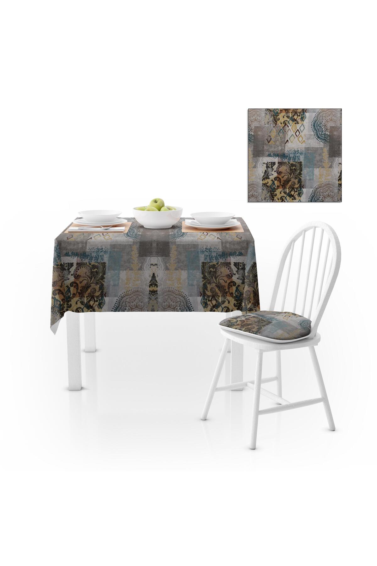 Patchwork Geometrik Desenli Hardal Vizon Dijital Baskılı Petek Dokuma Masa Örtüsü 140x220