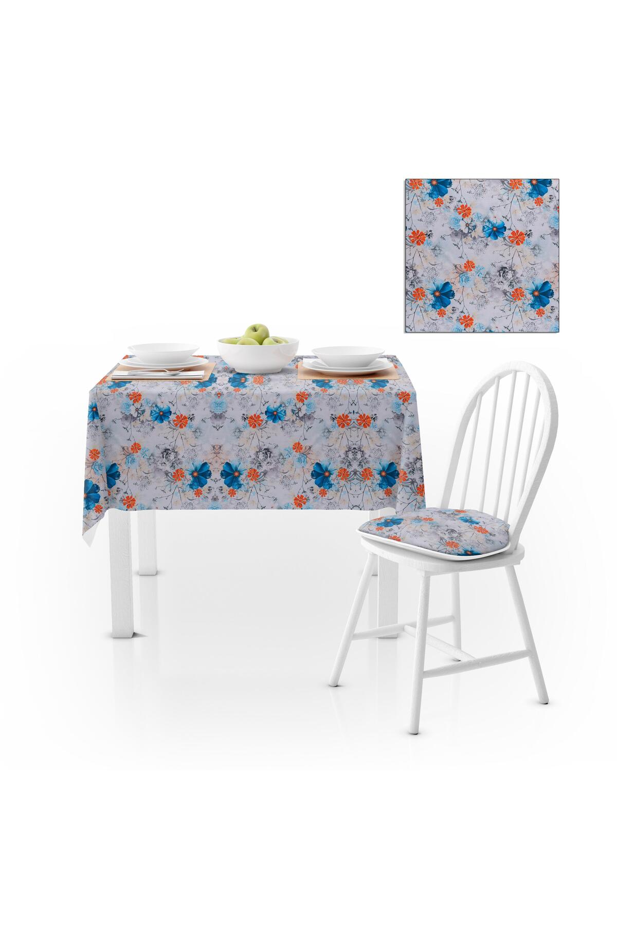 Renkli Çiçek Desenli Mavi Turuncu Kadife Dokulu 180X180 Masa Örtüsü