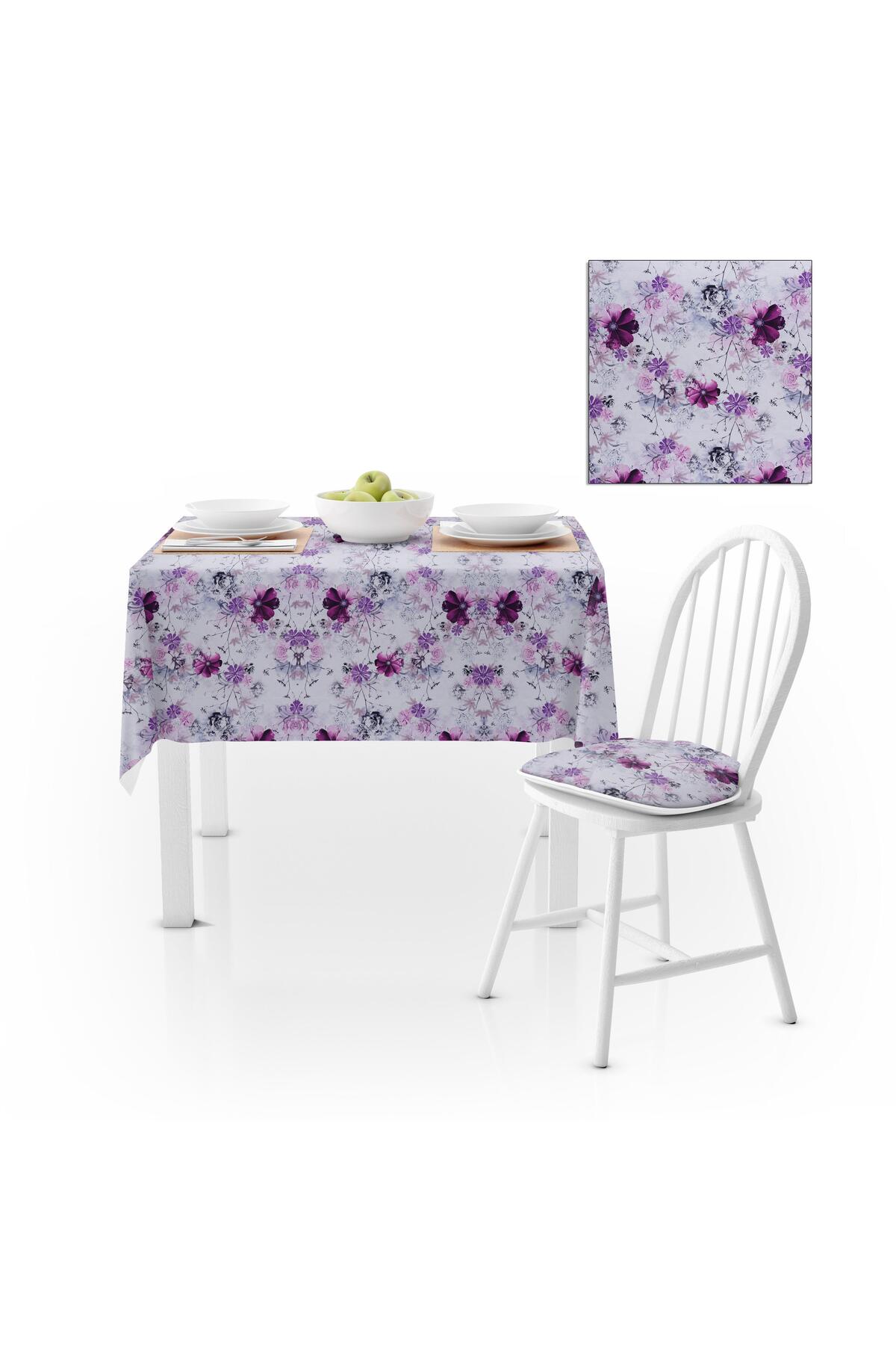 Renkli Çiçek Desenli Mor Mürdüm Kadife Dokulu 140X180 Masa Örtüsü